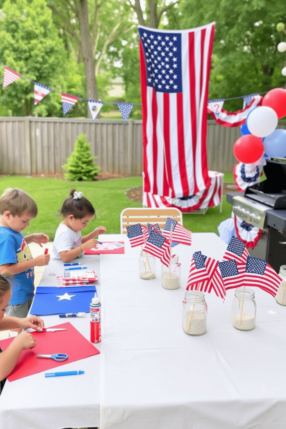 Patriotic-themed DIY crafts for kids: A crafting station set up with red, white, and blue construction paper, scissors, glue, and glitter. Kids are creating paper flags, stars, and other patriotic symbols, with a large American flag hanging in the background. Memorial Day Decorating Ideas: A backyard decorated with red, white, and blue banners, balloons, and tablecloths. A large table is set with themed centerpieces, such as small American flags in mason jars filled with sand, and a BBQ grill ready for a festive cookout.