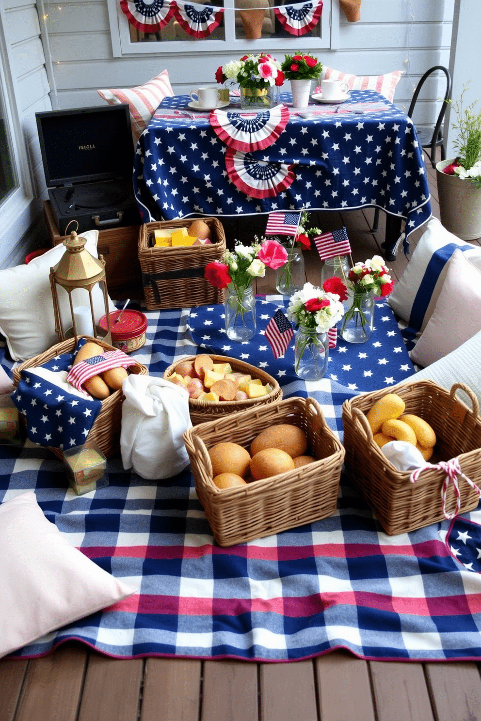 A cozy vintage picnic setup for indoor decor. A checkered blanket is spread out on the floor, with an assortment of wicker baskets filled with fresh fruits and bread. Surrounding the blanket are vintage lanterns and mason jars filled with wildflowers. Soft pillows in pastel colors are scattered around for seating, and a retro record player is playing classic tunes in the background. Memorial Day decorating ideas. A patriotic-themed table setting features a navy blue tablecloth with white star patterns, complemented by red and white striped napkins. Centerpieces include mason jars filled with red, white, and blue flowers, and small American flags are placed in each jar. Outdoor seating is decorated with string lights and bunting in the national colors, creating a festive and inviting atmosphere.