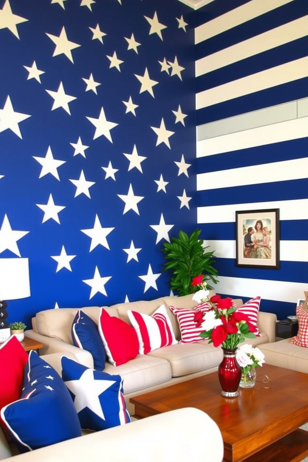 An inviting living room designed to celebrate Memorial Day. The accent wall is painted with a bold stars and stripes pattern, featuring rich navy blue and bright white stripes, interspersed with large white stars on a blue background. Patriotic decor elements are strategically placed throughout the room. Red, white, and blue throw pillows adorn a cozy beige sofa, while a wooden coffee table displays a centerpiece of fresh flowers in a red vase.