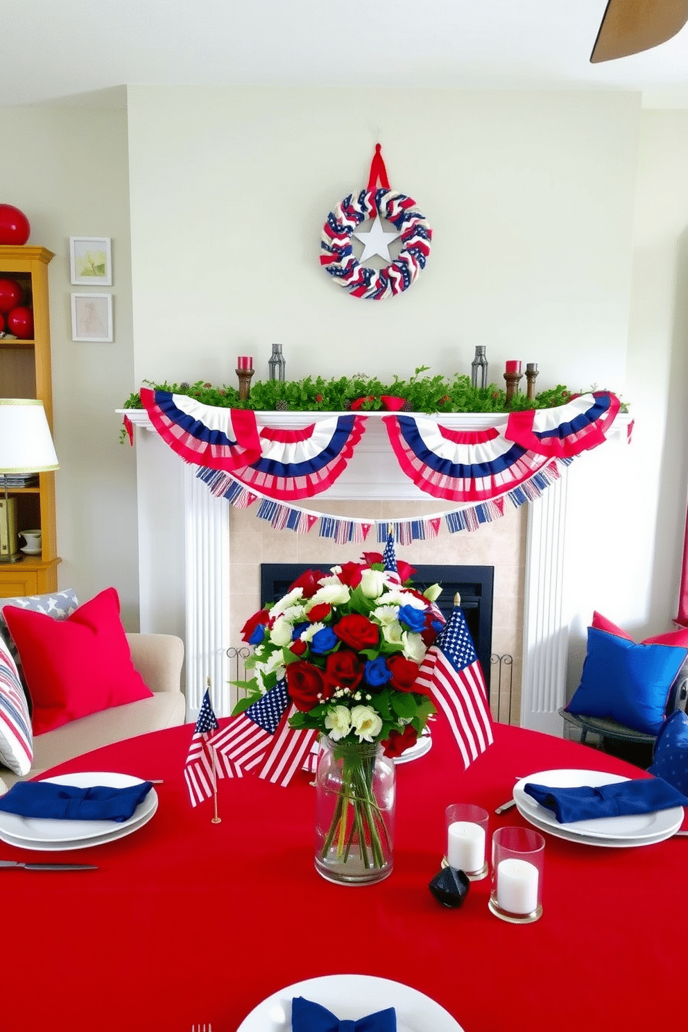 A cozy living room adorned with red, white, and blue bunting. The bunting is draped elegantly across the fireplace mantel, complementing the patriotic-themed throw pillows on the sofa and the star-spangled wreath hanging above the mantel. In the dining area, a festive table setting features a red tablecloth, white plates, and blue napkins. The centerpiece is a bouquet of red, white, and blue flowers in a clear glass vase, surrounded by small American flags and candle holders.