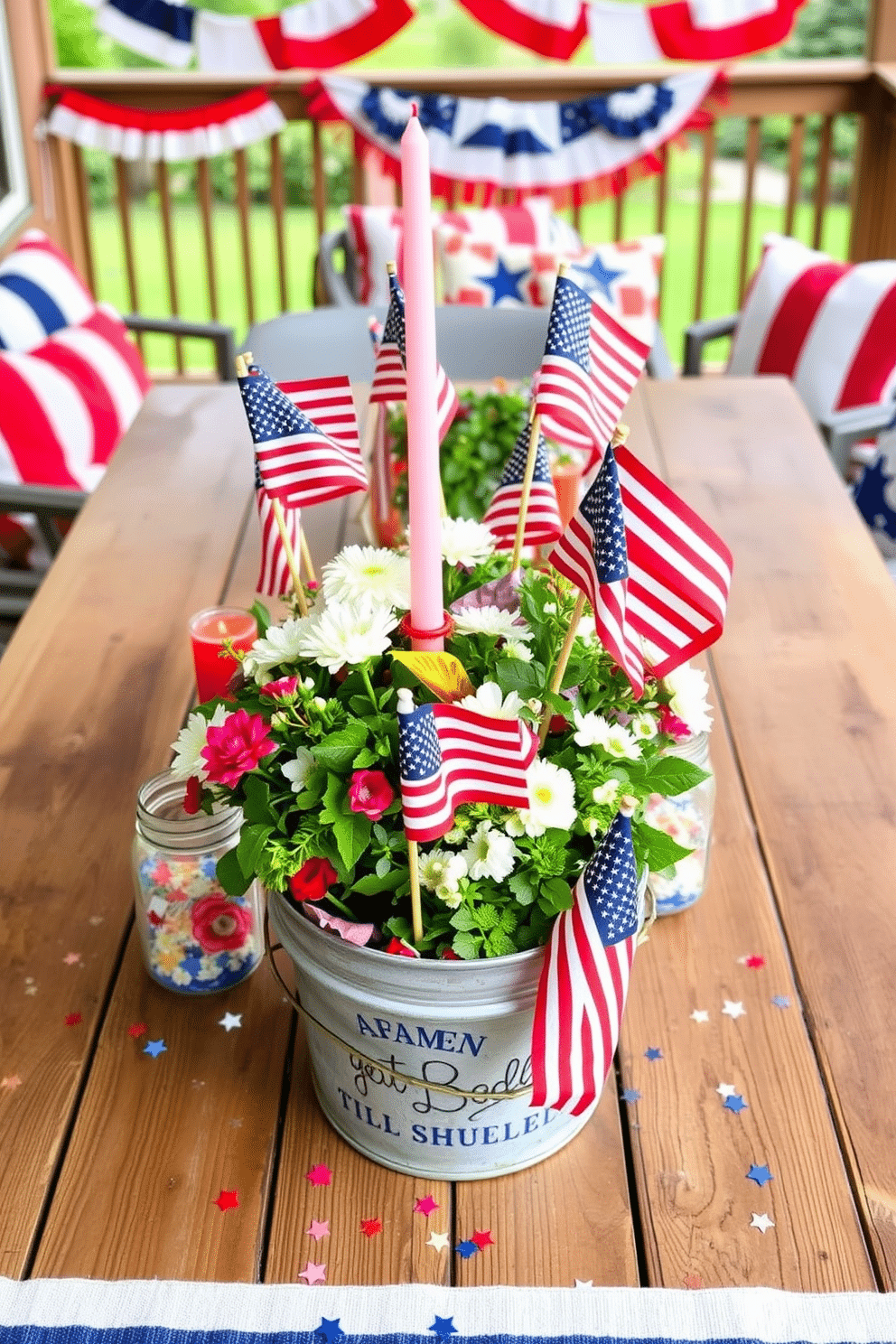 Festive DIY centerpieces with flags: Arrange a rustic wooden table with a variety of small, hand-painted flags in vibrant colors, placed in mason jars filled with sand. Surround the jars with red, white, and blue candles, and add a scattering of star-shaped confetti for a festive touch. Memorial Day Decorating Ideas: Create a patriotic outdoor space with red, white, and blue bunting draped around a wooden deck, accompanied by matching cushions and throws on the seating. Add a centerpiece of fresh flowers in a large, galvanized metal bucket, adorned with miniature American flags for a heartfelt tribute.