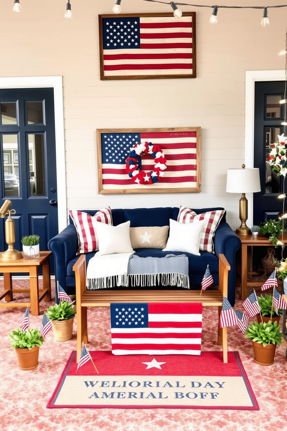 A living room adorned with star-spangled banner wall art. The centerpiece is a large American flag framed in rustic wood, hung above a navy blue sofa with white and red accent pillows. Flanking the sofa are two wooden side tables, each topped with vintage brass lamps and small potted plants. The walls are painted in a soft beige, allowing the flag to stand out, while a patterned rug in shades of red, white, and blue ties the room together. An inviting porch decorated with Memorial Day flair. The front door is adorned with a patriotic wreath made of red, white, and blue flowers, and a wooden bench nearby is draped with a flag-themed throw blanket. Small American flags are placed in potted plants along the steps, leading up to a welcome mat featuring stars and stripes. String lights with tiny flag-shaped bulbs are hung around the porch, casting a warm glow for evening gatherings.