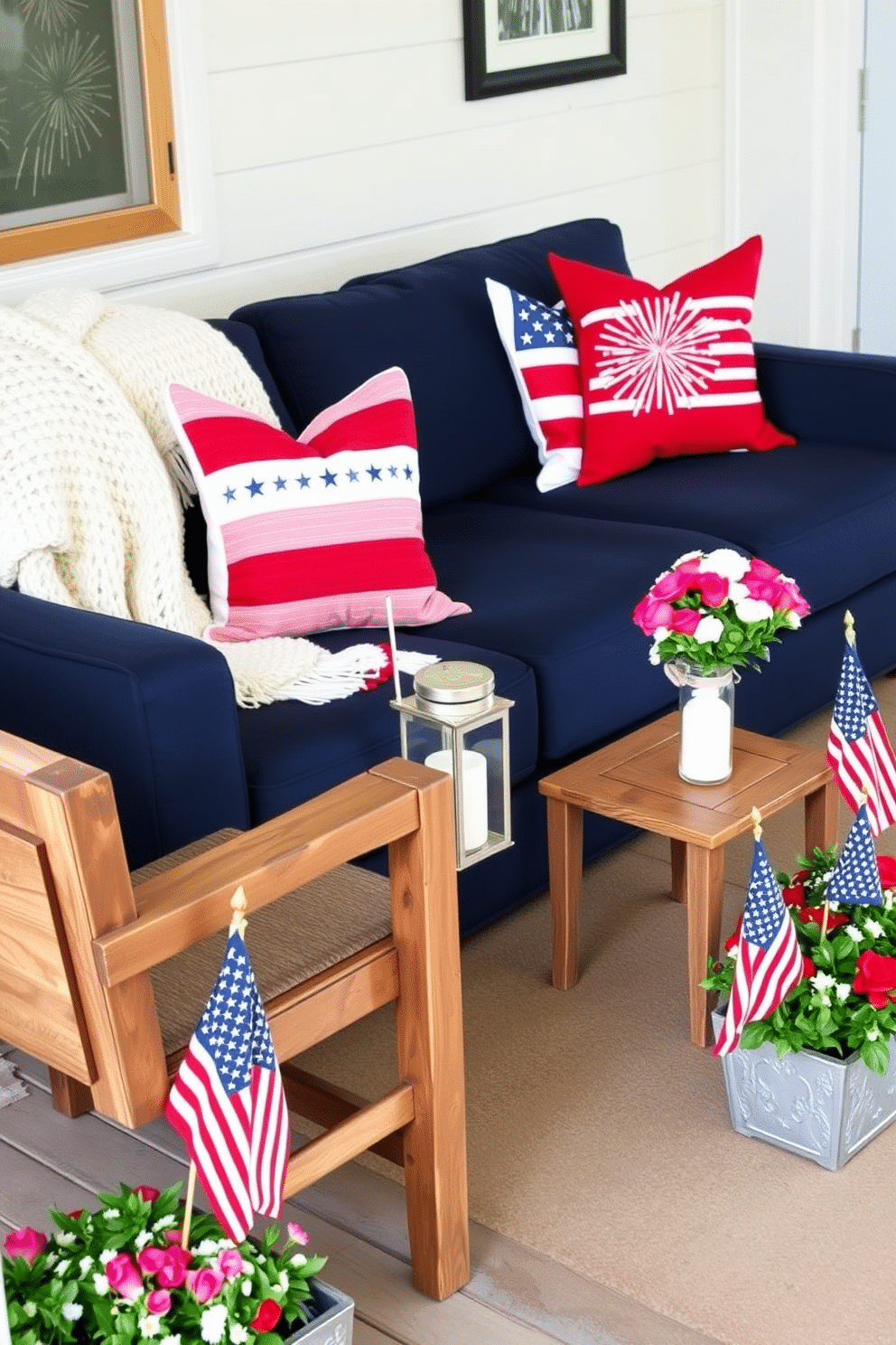 A cozy living room adorned with Fourth of July-themed throw pillows. The pillows feature patriotic designs, including stars, stripes, and the American flag, in vibrant red, white, and blue colors. They are arranged on a plush, navy blue sofa, complemented by a white knitted blanket draped over one armrest. The room is accented with subtle patriotic decor, such as a small flag on the coffee table and a framed print of fireworks on the wall. A charming front porch decorated with Memorial Day touches. The porch features a rustic wooden bench with a red, white, and blue striped cushion, and a small wooden table beside it. On the table, there's a vase filled with fresh flowers in patriotic colors, and a lantern with a candle inside. American flags are displayed in planters on either side of the porch steps, creating a welcoming and festive entrance.