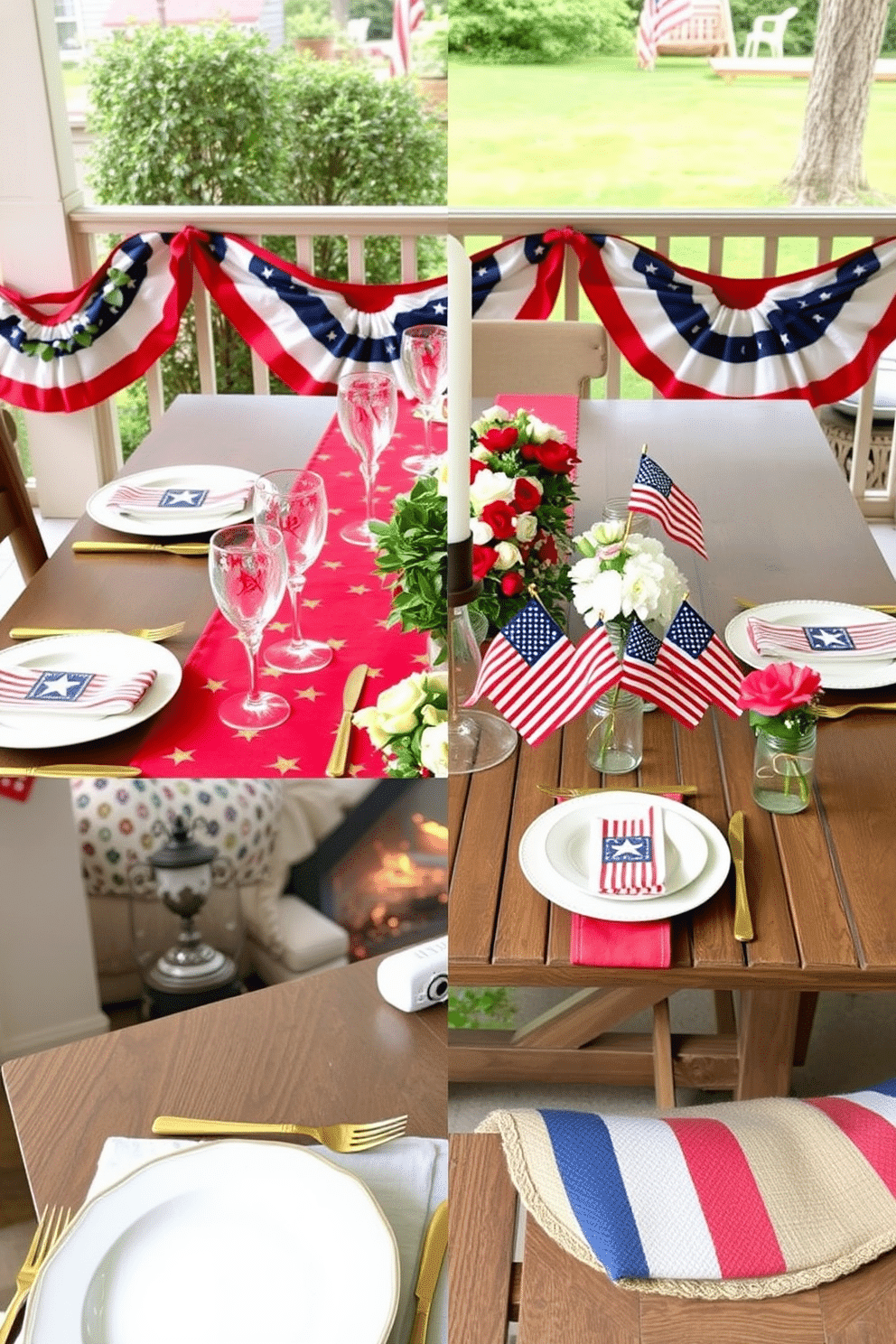 A festive dining table is adorned with a vibrant red table runner featuring gold stars, adding a touch of holiday magic. Elegant white dinnerware and crystal glasses are set atop, with golden cutlery complementing the starry theme. For Memorial Day, a cozy outdoor patio is decorated with red, white, and blue bunting draped along the railing. A rustic wooden table is set with patriotic-themed plates and napkins, while small American flags and fresh flowers in mason jars serve as centerpieces.