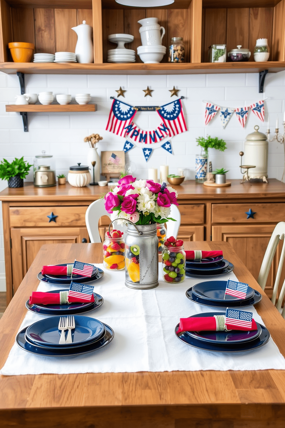 A bright and cheerful kitchen scene. Mason jars filled with colorful fruit arrangements sit on a wooden countertop, each jar showcasing a different fruit combination like strawberries and blueberries, oranges and kiwis, and grapes and pineapple chunks. The jars are arranged in a neat row, their vibrant hues contrasting beautifully with the white subway tile backsplash. Above the countertop, open wooden shelves display an assortment of rustic kitchenware and small potted plants, adding a touch of greenery to the space. A patriotic and festive dining room setup for Memorial Day. The dining table is covered with a crisp white tablecloth, adorned with a centerpiece of red, white, and blue flowers in a vintage metal pitcher. Each place setting features navy blue plates, red napkins, and silver cutlery, with small American flags tucked into the napkin rings. Behind the table, a wooden buffet is decorated with star-spangled banners and a selection of holiday-themed candles, creating a warm and inviting atmosphere for the celebration.