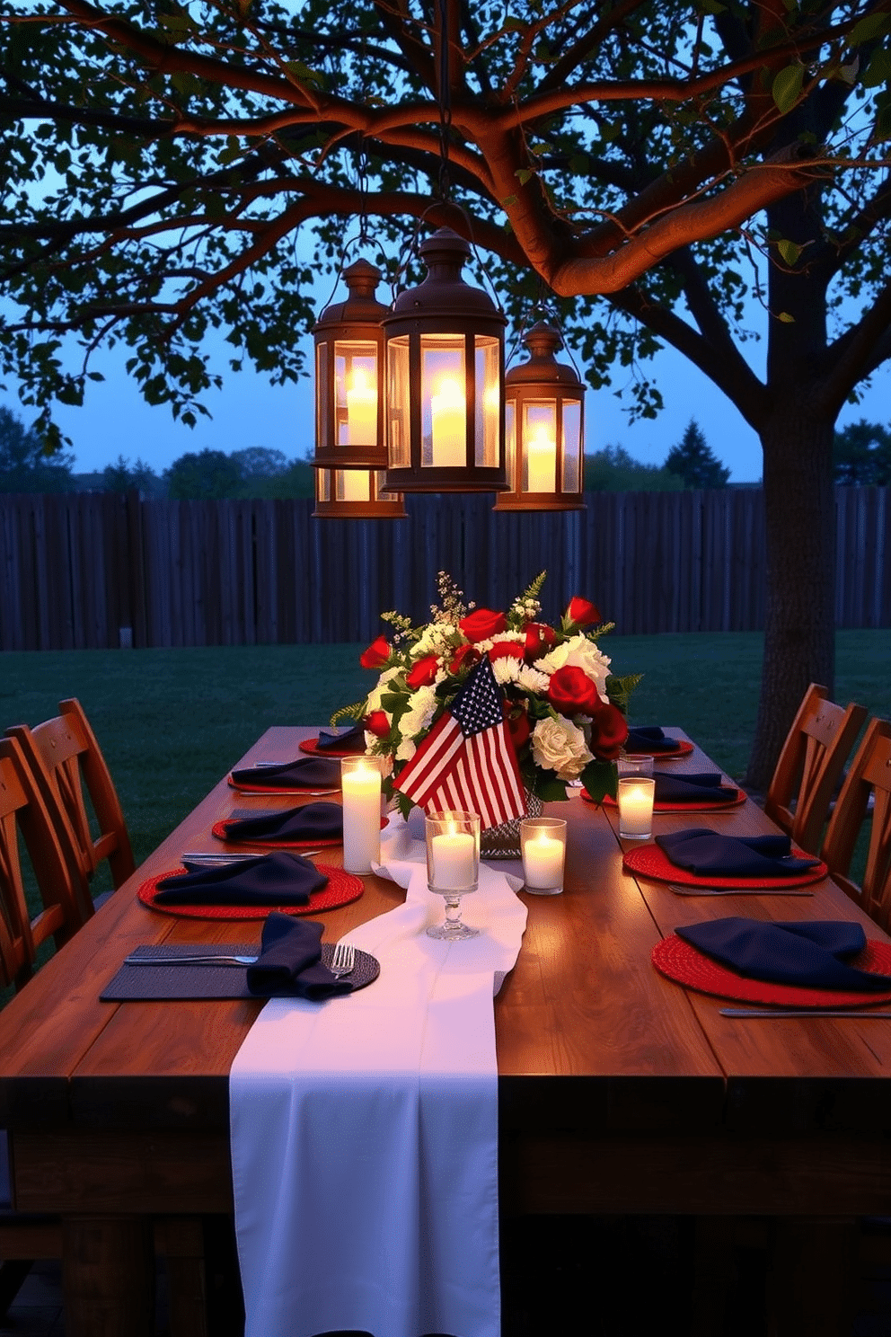 For a cozy evening dining experience, picture a wooden dining table set under the open sky, adorned with rustic lanterns hanging from tree branches above. Each lantern cradles a flickering candle that casts a warm, inviting glow over the table, creating a serene and intimate ambiance perfect for a memorable meal. Celebrate Memorial Day in style with a dining room that embraces patriotic elegance. A large wooden table is set with white linens, navy blue napkins, and red placemats, while a centerpiece of fresh flowers in red, white, and blue hues adds a festive touch.