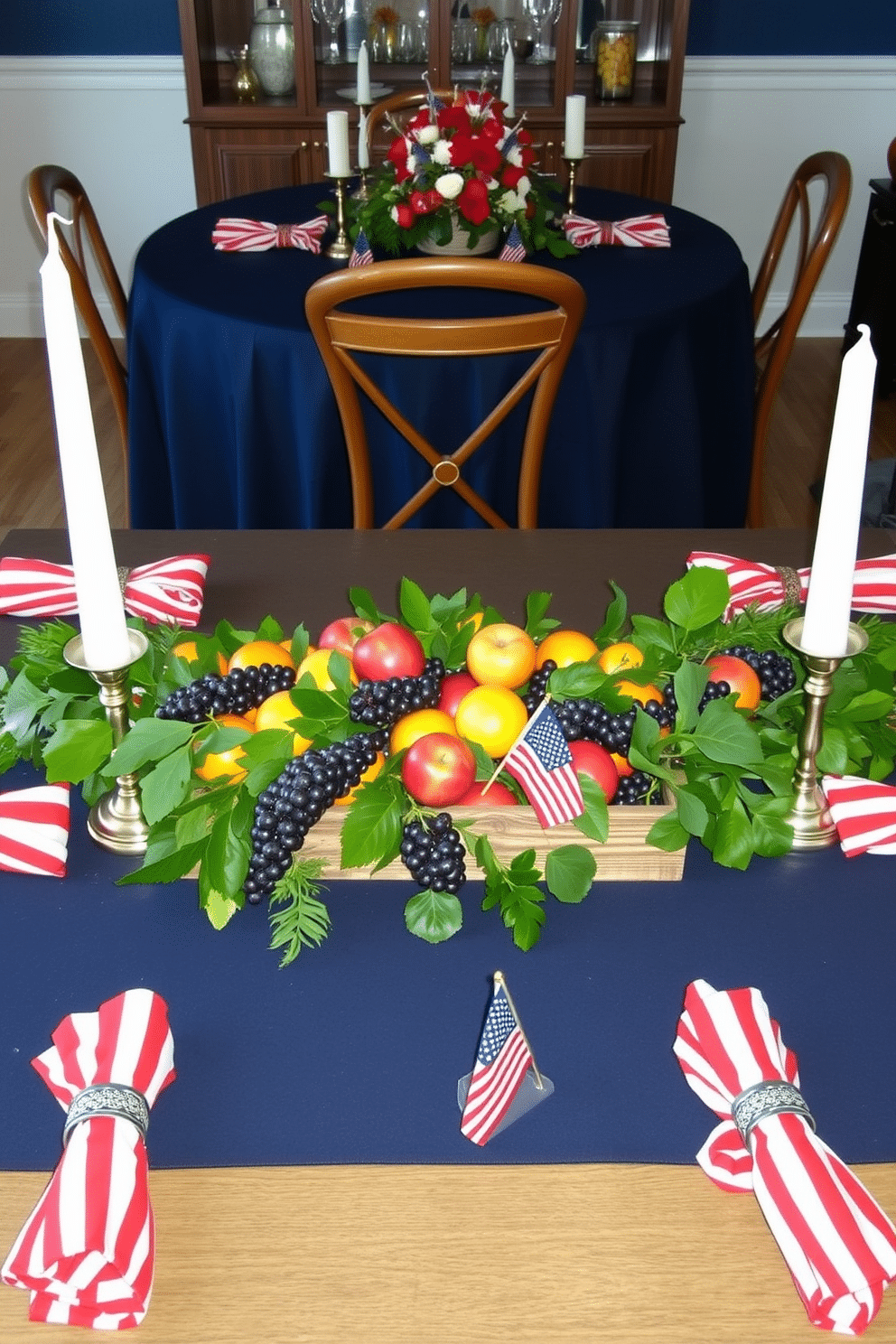 A dining room table adorned with a seasonal fruit garland, featuring a mix of vibrant oranges, deep red apples, and clusters of rich purple grapes intertwined with lush green foliage. The centerpiece is complemented by elegant white candles in silver holders, creating a festive and inviting atmosphere. A Memorial Day dining room decorated in patriotic colors, with a navy blue tablecloth and red and white striped napkins neatly folded at each place setting. The table is accented with small American flags in decorative holders and a centerpiece of red, white, and blue flowers arranged in a rustic wooden box.