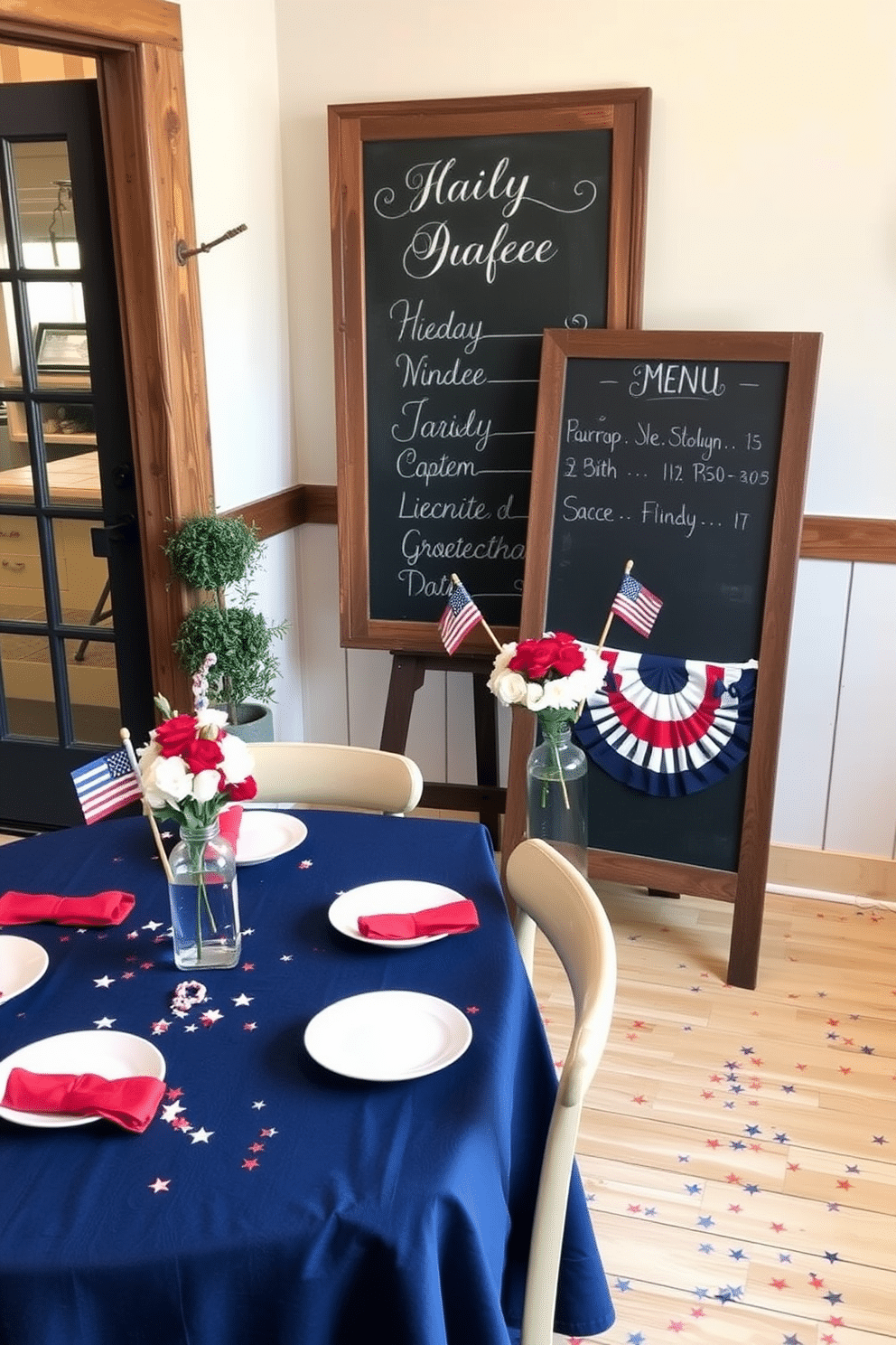 A rustic café setting. There's a large wooden chalkboard sign with a black surface, displaying the daily menu written in elegant white chalk. The sign is framed in dark wood and stands on an easel near the entrance. Next to it, a small potted plant adds a touch of greenery, and the floor is covered in light-colored wood planks. A patriotic dining room for Memorial Day. The table is set with a navy blue tablecloth, and white plates with red napkins are placed at each setting. A centerpiece features a bouquet of red, white, and blue flowers in a clear glass vase. American flag-themed decorations, such as small flags and star-shaped confetti, are scattered across the table.