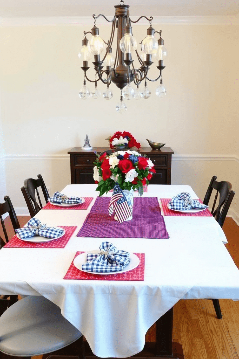 A dining room table set for Memorial Day, featuring gingham napkins tied with twine placed on each plate. The table is adorned with a white tablecloth, red and blue placemats, and a centerpiece of fresh flowers in patriotic colors. Above the table, a chandelier with hanging glass pendants casts a warm glow, enhancing the festive atmosphere. The walls are painted a soft cream color, and the floor is a rich hardwood, providing a classic backdrop for the holiday decor.