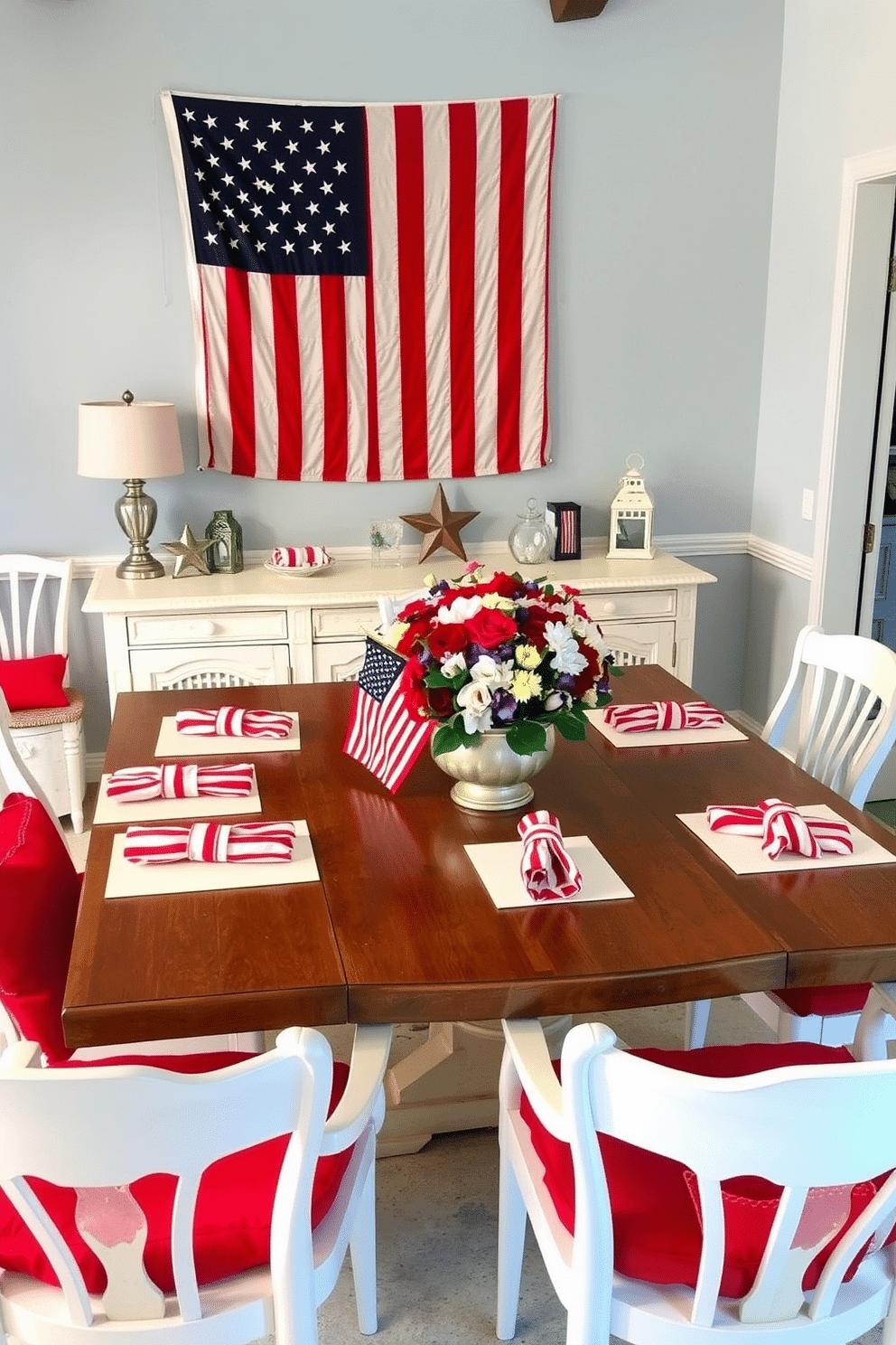 A welcoming Memorial Day dining room. The table is set with red and white striped table napkins, neatly folded at each place setting. A large wooden dining table is adorned with a vibrant centerpiece of fresh flowers in patriotic colors. Around the table, white chairs with red cushions provide comfortable seating. The walls are painted a soft blue, and a large American flag hangs proudly above a white buffet. On the buffet, there are various decorative items, including small lanterns and star-shaped candle holders. The overall ambiance is festive and inviting, perfect for a holiday gathering.