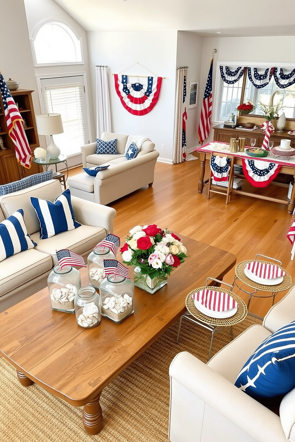 A cozy beach-themed living room. There are glass jars filled with sand and shells on a rustic wooden coffee table, surrounded by comfortable beige sofas with blue and white striped cushions. A large window lets in plenty of natural light, highlighting the nautical decor and a woven rug on the wooden floor. A festive Memorial Day dining room. The table is set with red, white, and blue tableware, featuring star-spangled napkins and a centerpiece of fresh flowers in patriotic colors. The walls are adorned with American flags and bunting, while a buffet table nearby holds a variety of traditional holiday dishes.