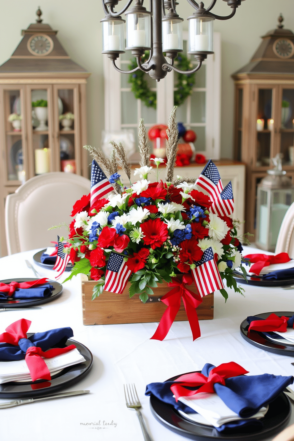 A patriotic centerpiece graces the dining table, featuring a vibrant arrangement of red, white, and blue flowers interspersed with miniature American flags. The centerpiece is set in a rustic wooden box, adding a touch of farmhouse charm. For Memorial Day dining room decor, the table is adorned with a crisp white tablecloth and navy blue napkins, each tied with a red ribbon. Vintage lanterns and candles in patriotic colors are placed around the room, creating a warm and inviting atmosphere.