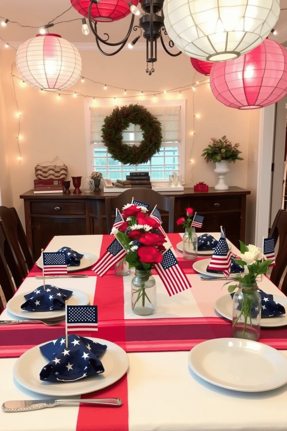 A cozy dining room set for Memorial Day celebrations. The table is adorned with a red, white, and blue tablecloth, and each place setting includes a star-spangled napkin. Patriotic-themed centerpieces featuring miniature American flags and fresh flowers in mason jars are arranged along the table. String lights and paper lanterns in patriotic colors hang from the ceiling, casting a warm glow over the room.