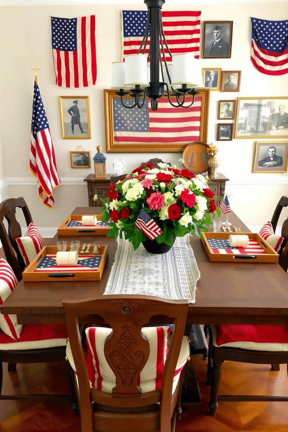 A dining room set for Memorial Day celebrations. The table is adorned with wooden serving trays that feature patriotic motifs such as stars, stripes, and the American flag. Surrounding the table are chairs with red, white, and blue cushions, and a large centerpiece of fresh flowers in matching colors. The walls are decorated with vintage American flags and framed historical photos, creating a nostalgic and festive atmosphere.