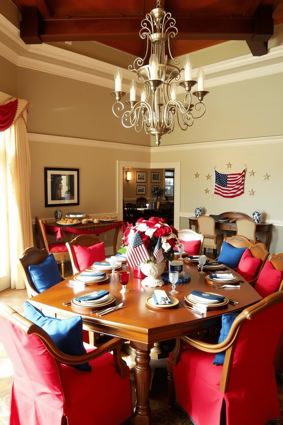 A dining room adorned with cushioned chairs, each featuring vibrant red and blue covers. The chairs are arranged around a large wooden table set for Memorial Day, with patriotic-themed tableware and a centerpiece of fresh flowers in red, white, and blue. In the background, a buffet table holds an array of festive dishes, while the walls are decorated with subtle American flag motifs. The room is illuminated by a grand chandelier, casting a warm glow over the celebratory scene, enhancing the inviting and festive atmosphere.