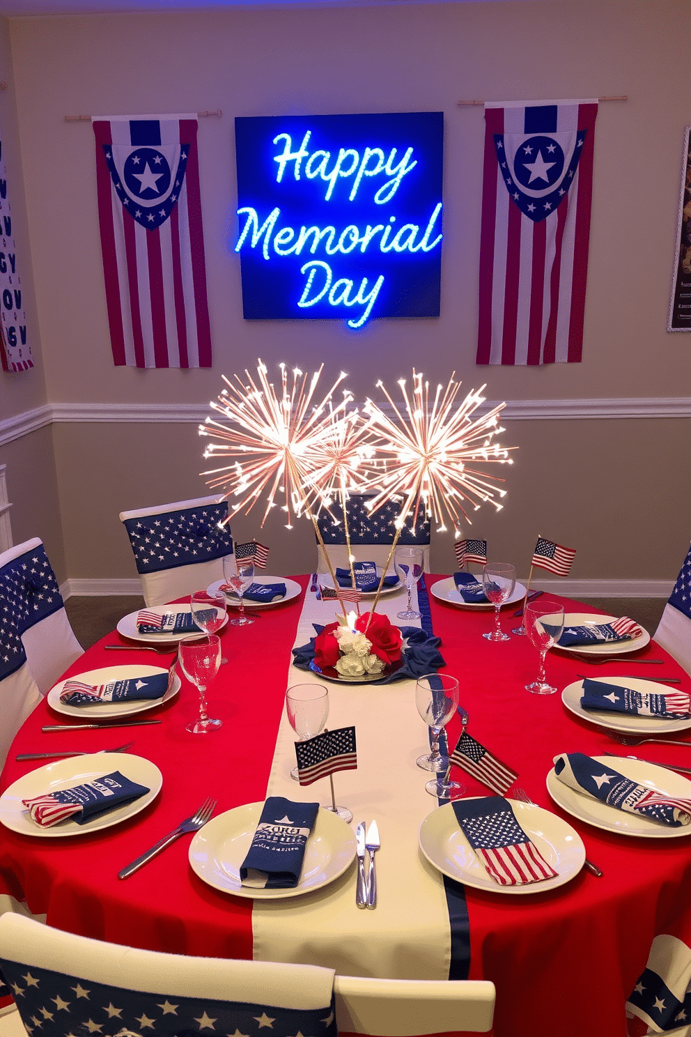 A festive Memorial Day dining room setting. The dining table is adorned with a red, white, and blue tablecloth, and in the center, there are tabletop fireworks decorations that sparkle with small LED lights. Surrounding the centerpiece, there are plates set with patriotic-themed napkins and silverware. The chairs are draped with American flag-themed chair covers, and small flags are placed in each glass. The walls are decorated with star-spangled banners, and a large 