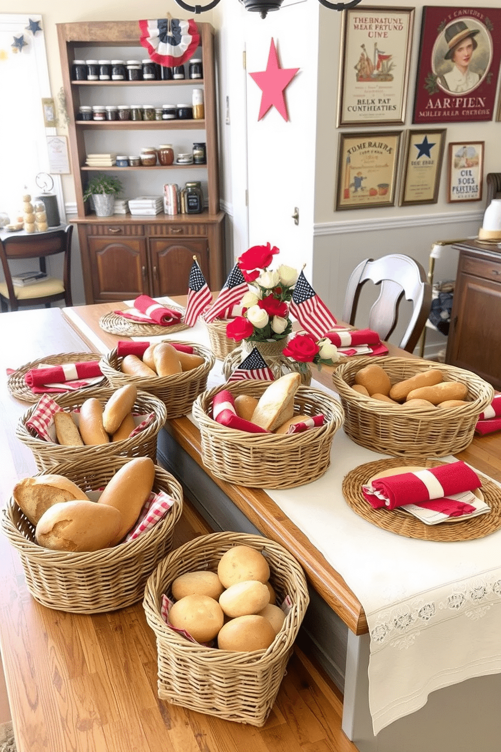 Woven baskets for bread or snacks: A rustic kitchen setting. There are several woven baskets of different sizes placed on a wooden countertop, each filled with freshly baked bread and snacks. The baskets are made from natural fibers and have a warm, earthy tone, complementing the wooden surfaces. In the background, there are shelves filled with jars of preserves and spices, adding to the cozy, homely atmosphere. Memorial Day Dining Room Decorating Ideas: A patriotic-themed dining room ready for a Memorial Day celebration. The table is set with a white tablecloth and decorated with red, white, and blue placemats and napkins. A centerpiece featuring small American flags and fresh flowers in matching colors adds a festive touch. Around the room, there are subtle decorations such as star-shaped garlands and vintage patriotic posters, creating a warm and inviting space for family and friends to gather.