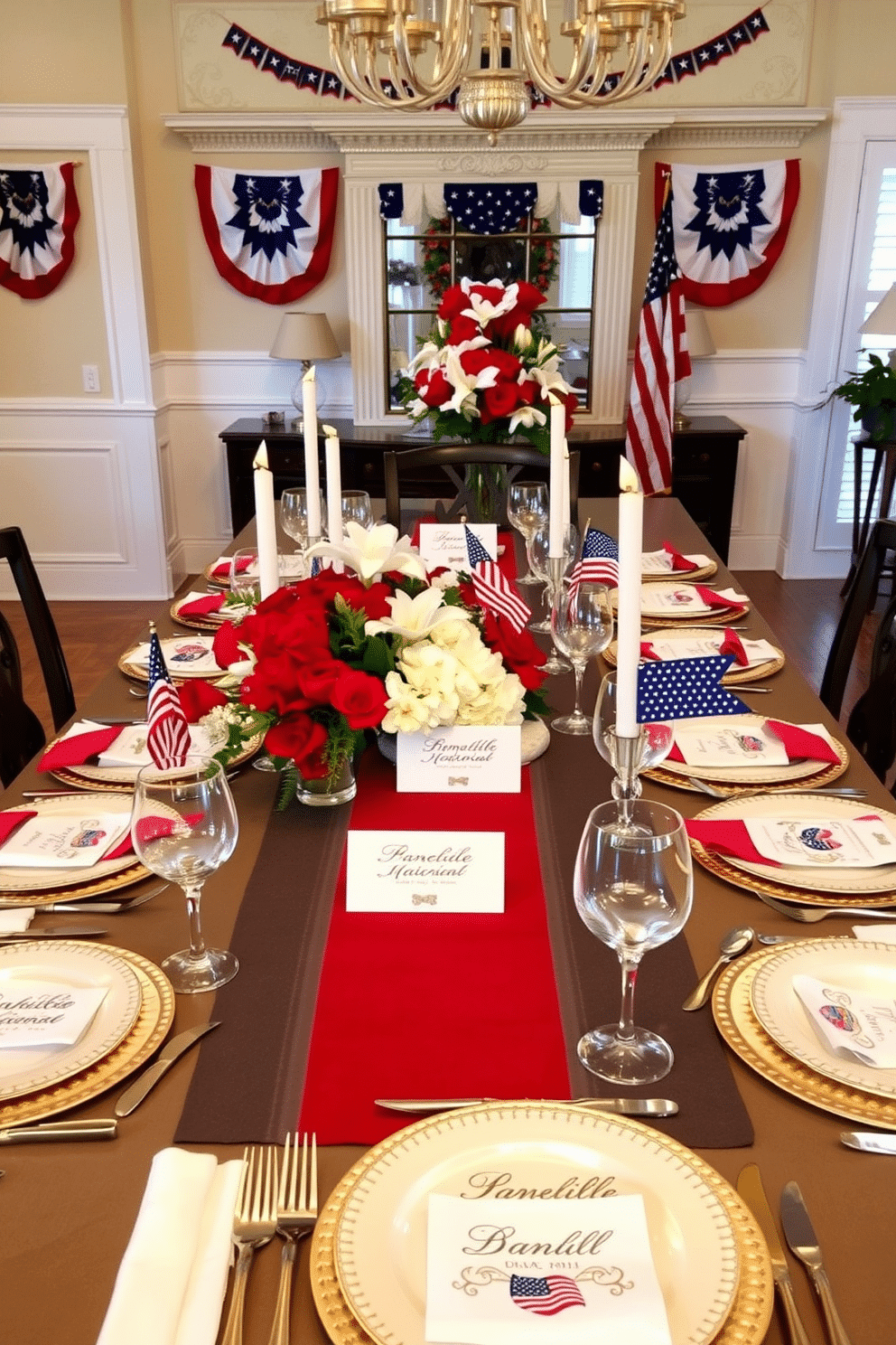 A lavish dining table set for a formal dinner. Each place setting features a personalized name card in elegant cursive, placed atop fine china with gold accents. Crystal wine glasses and polished silverware are meticulously arranged. A centerpiece of fresh flowers and candles adds a touch of sophistication. A patriotic dining room decorated for Memorial Day. The table is adorned with a red, white, and blue table runner, and each place setting includes a small American flag. Plates and napkins feature stars and stripes motifs. A centerpiece of red poppies and white lilies honors the occasion, while festive banners and bunting adorn the walls.