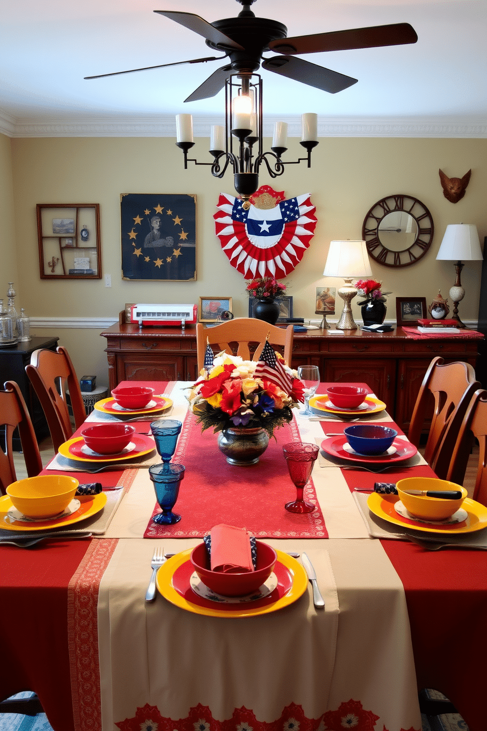 A dining table set with brightly colored tableware, including vibrant plates, bowls, and glasses in shades of red, yellow, and blue. The table is adorned with a cheerful floral centerpiece and matching napkins, creating a lively and festive atmosphere. A Memorial Day dining room featuring a patriotic theme with red, white, and blue decorations. The table is set with star-spangled tablecloths, American flag-inspired napkins, and a centerpiece of fresh flowers in patriotic colors, complemented by vintage military memorabilia on the sideboard.