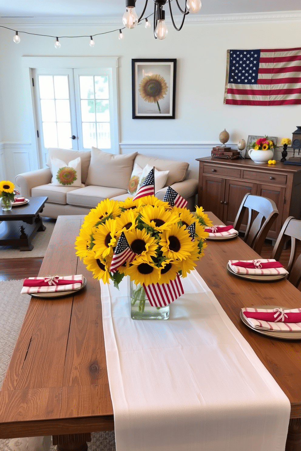 Sunflower arrangements bring a cheerful vibe to any space. Picture a bright living room with a rustic wooden coffee table adorned with a large glass vase filled with fresh sunflowers. The yellow petals contrast beautifully with the neutral tones of the room, adding a pop of color. Complement the arrangement with sunflower-themed throw pillows on a beige sofa, and a matching sunflower print on the wall to tie the look together. For Memorial Day dining room decorating ideas, imagine a classic dining room with a long wooden table set for a festive meal. The table is covered with a white linen tablecloth and decorated with red, white, and blue napkins and plates. At the center, place a patriotic centerpiece featuring small American flags and seasonal flowers in a clear vase. Enhance the ambiance with string lights hanging above the table and a vintage American flag framed on the wall.