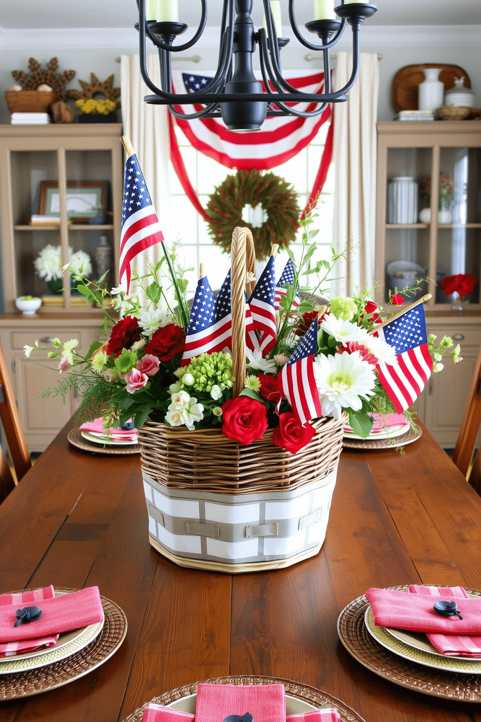 A rustic dining room with a vintage picnic basket as the centerpiece. The basket is filled with fresh flowers, creating a charming and inviting focal point on a wooden farmhouse table. Memorial Day Dining Room Decorating Ideas. The room features red, white, and blue accents, with patriotic-themed table settings and a centerpiece of American flags and seasonal flowers.