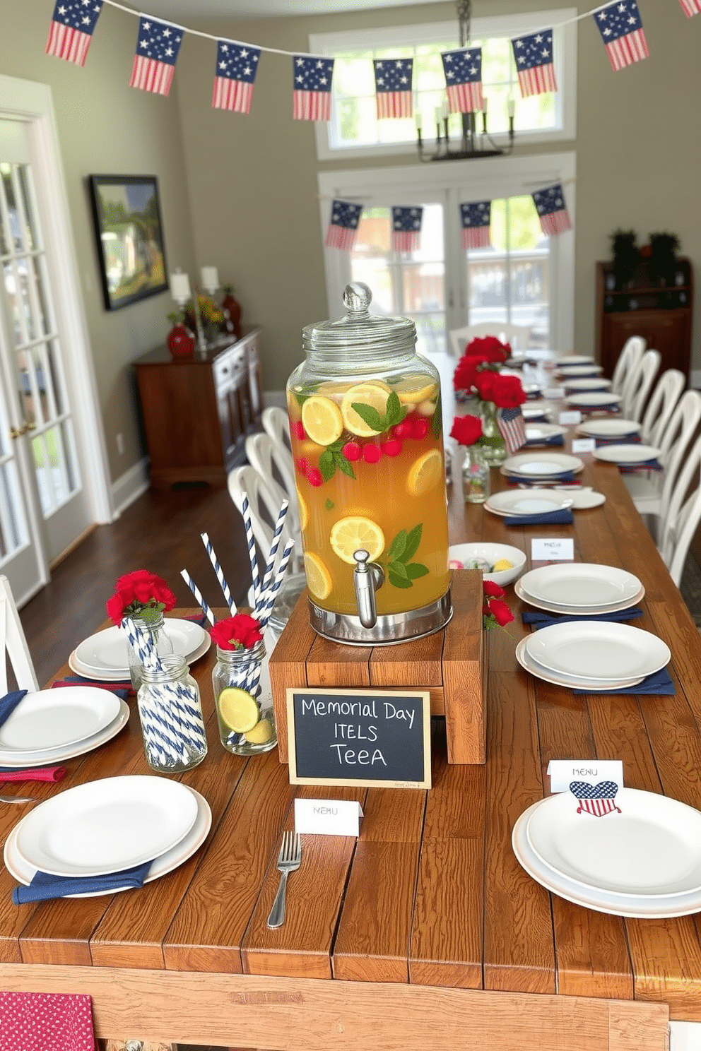 A festive drink station featuring a rustic wooden table adorned with a large glass dispenser filled with iced tea, garnished with lemon slices and mint leaves. Surrounding the dispenser, there are mason jars with striped straws, a bowl of fresh fruit, and a small chalkboard sign inviting guests to enjoy a refreshing drink. Memorial Day dining room decorated in patriotic colors with a long wooden table set with white plates, blue napkins, and red floral centerpieces. Above the table, a string of American flags hangs, while each place setting includes a small flag and a menu card with a patriotic design.