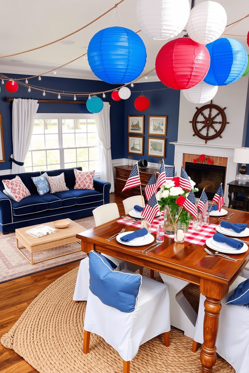 A living room designed with a nautical theme features rope accents throughout. The space includes a navy blue sofa with white piping, a coffee table with a rope-wrapped base, and a set of framed nautical maps on the walls. Rope is also used as curtain tiebacks for the white linen drapes, and a large ship's wheel hangs above the fireplace. Decorative elements include seashells in glass jars, a woven rope rug, and a collection of blue and white throw pillows. A Memorial Day dining room is decorated in patriotic colors, with a large wooden table set for a festive meal. The table is covered with a red and white checkered tablecloth, complemented by blue napkins and white plates. Centerpieces include small American flags in mason jars, surrounded by red, white, and blue flowers. String lights and paper lanterns in patriotic colors hang from the ceiling, creating a warm and celebratory atmosphere.