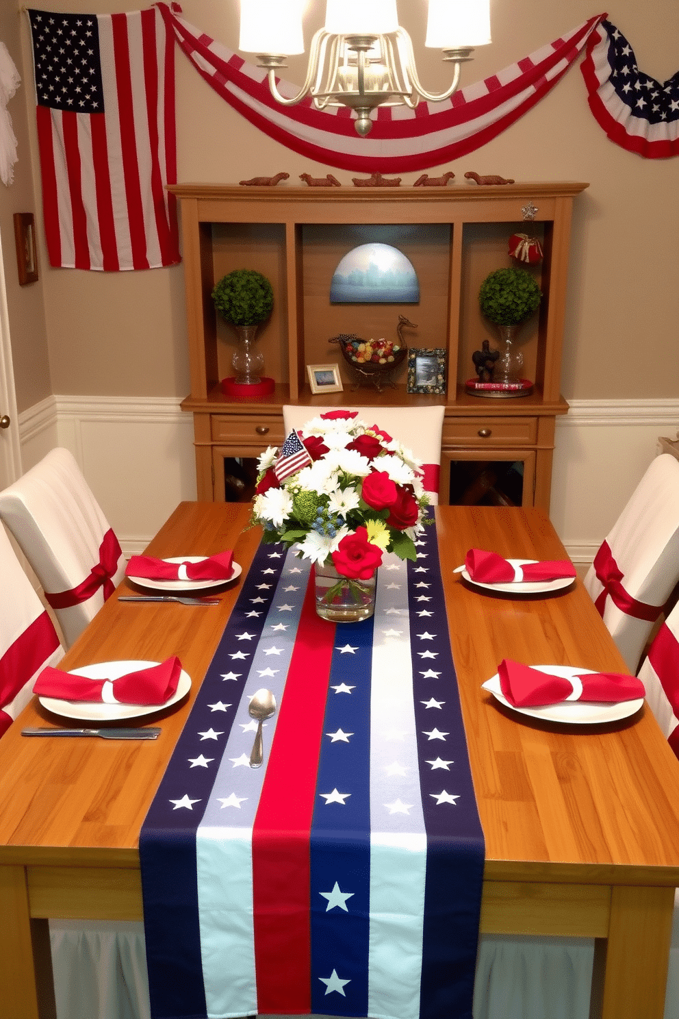 A dining room set for Memorial Day celebrations. The table is adorned with a table runner featuring an American flag design, its stars and stripes adding a patriotic touch to the setting. Red, white, and blue napkins are neatly folded beside each plate, and a centerpiece of fresh flowers in matching colors sits in the middle of the table. The walls are decorated with vintage American flags and bunting, and the chairs are draped with covers in complementary hues.