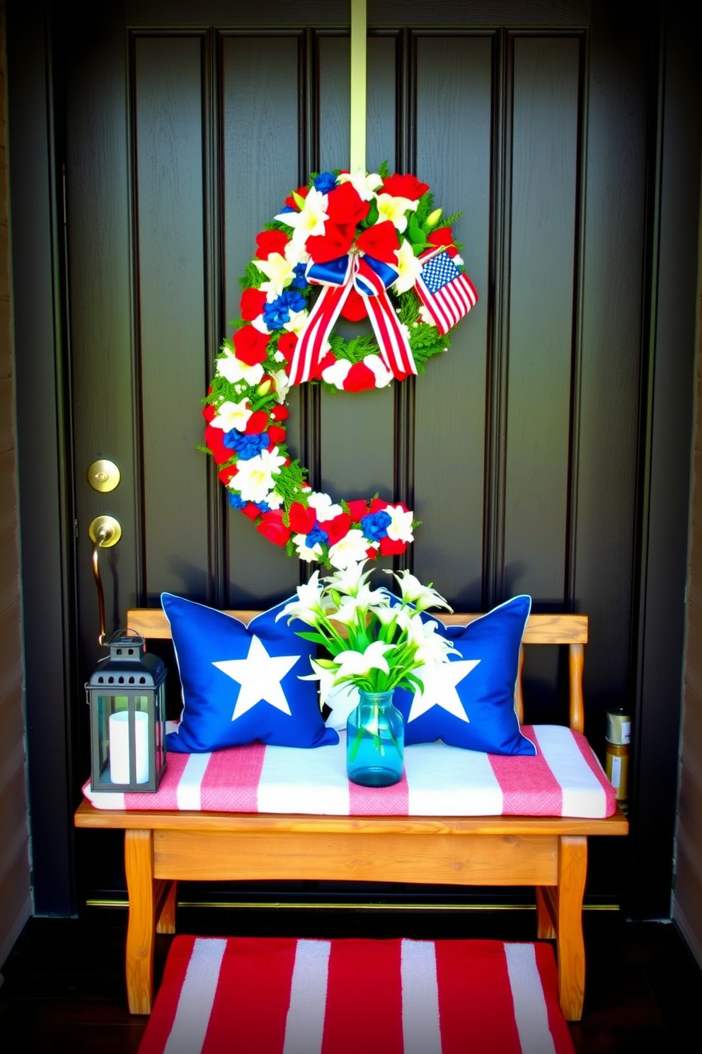 A festive entryway featuring a red, white, and blue wreath centerpiece. The wreath is adorned with silk flowers, ribbons, and miniature American flags, hanging proudly on a dark wooden front door. The entryway is decorated with a patriotic theme, including a red and white striped runner rug and blue accent pillows on a rustic wooden bench. A small table beside the bench holds a lantern with a candle and a bouquet of white lilies in a blue vase.