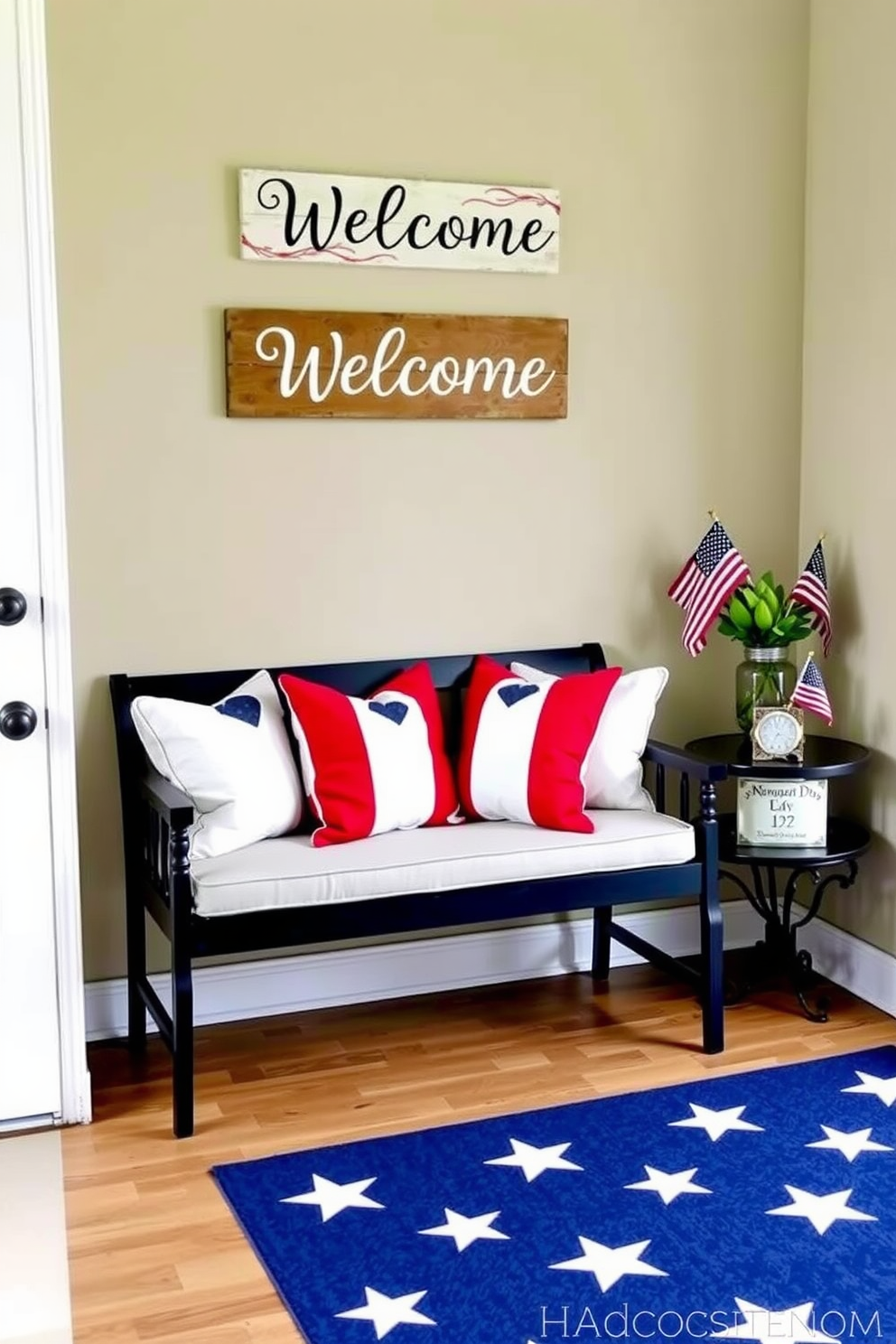 A welcoming entryway adorned for Memorial Day. A cushioned bench sits against the wall, decorated with flag-patterned pillows in red, white, and blue. Above the bench, a wooden sign reads 