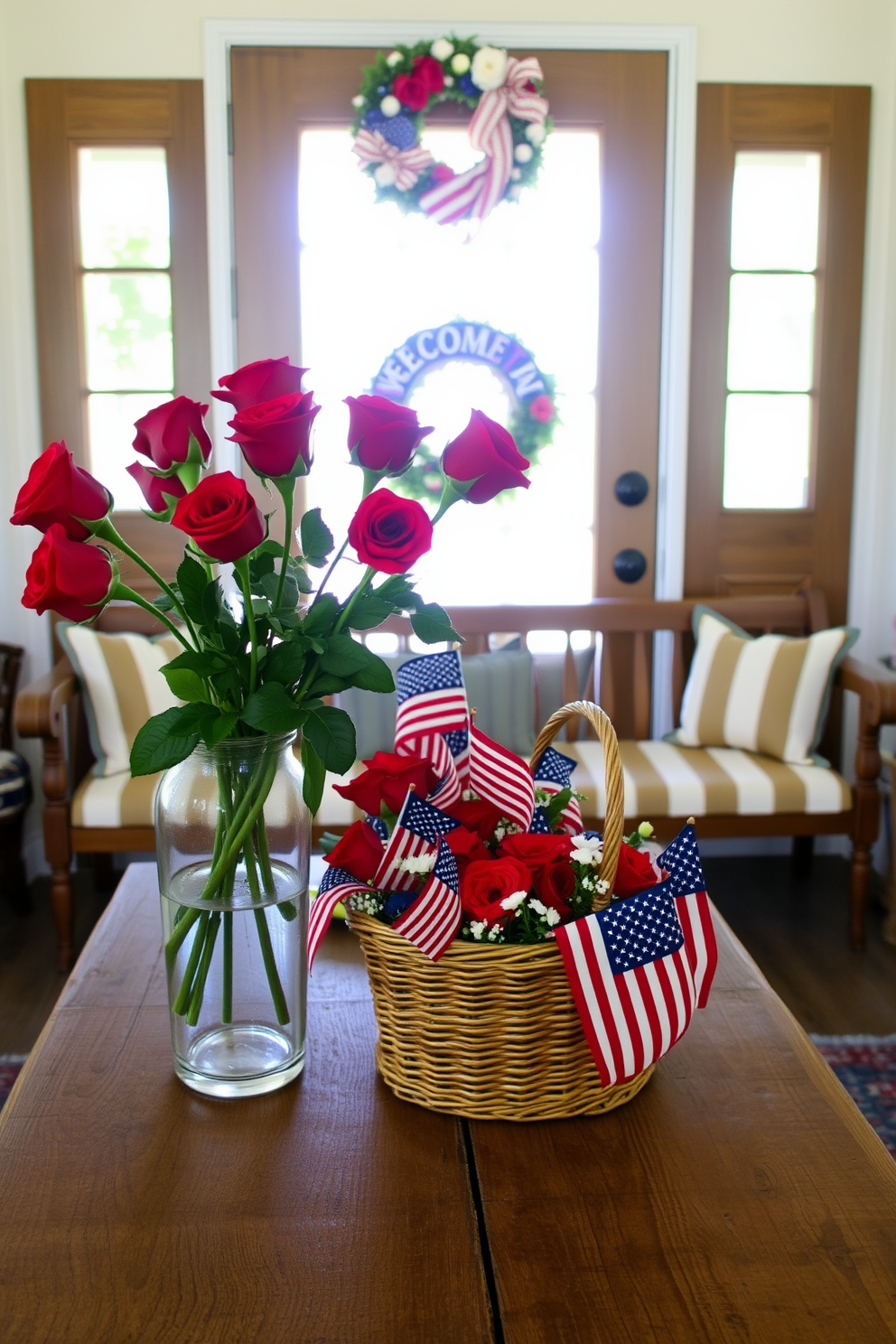 A glass vase filled with red roses sits elegantly on a rustic wooden table. The vibrant red petals contrast beautifully with the clear glass and the natural wood, creating a striking focal point in the room. For Memorial Day entryway decorating ideas, consider a patriotic theme with a woven basket filled with small American flags and red, white, and blue flowers. A vintage wooden bench adorned with striped cushions and a welcoming wreath on the door completes the festive look.