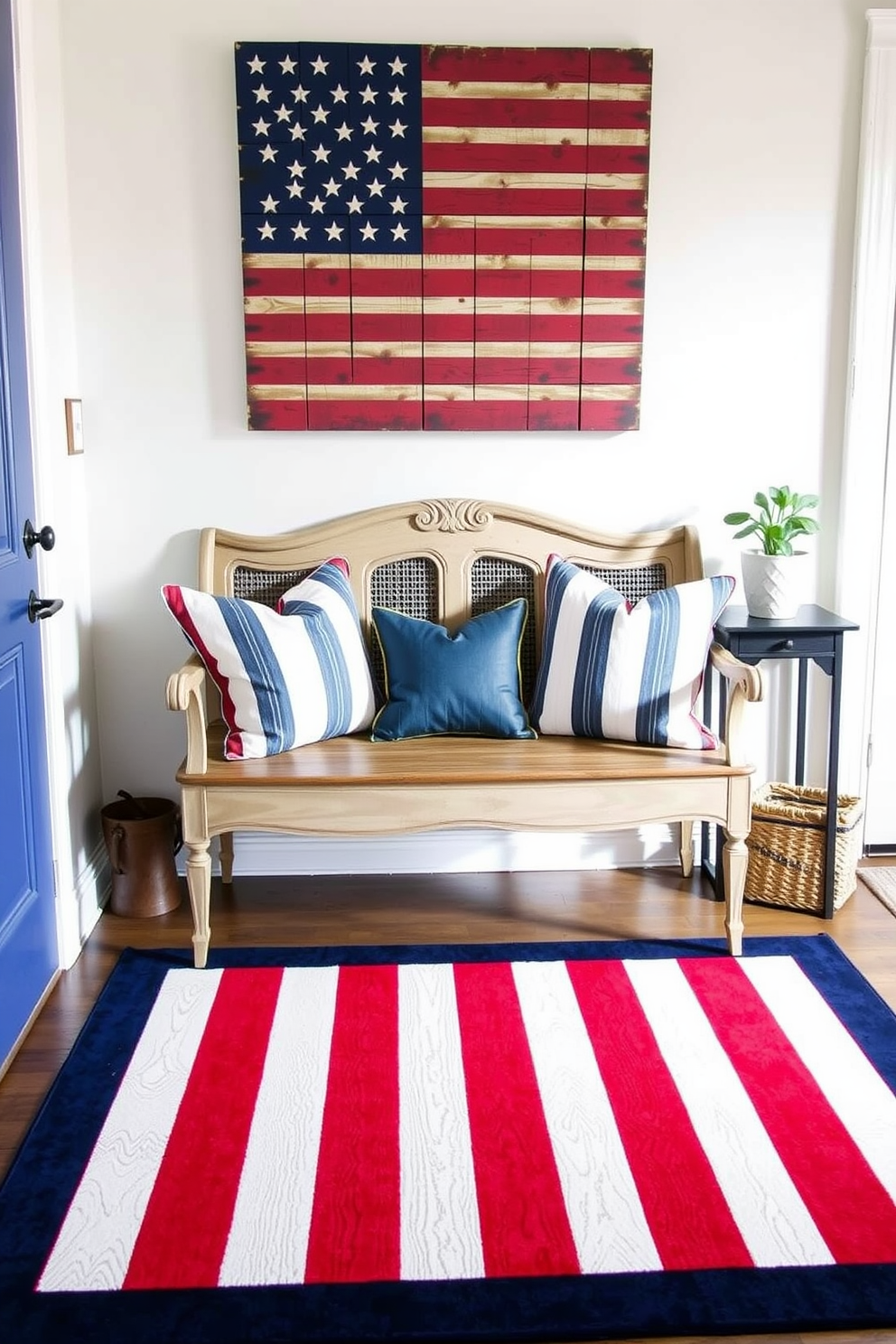 A patriotic-themed entryway rug lies at the center of the foyer, featuring bold red, white, and blue stripes. The rug is bordered with a navy blue trim, adding a touch of elegance to the vibrant design. For Memorial Day entryway decorating ideas, consider a vintage wooden bench adorned with throw pillows in patriotic colors. Above the bench, hang a rustic American flag wall art, and place a small potted plant on a nearby console table for a fresh, welcoming touch.