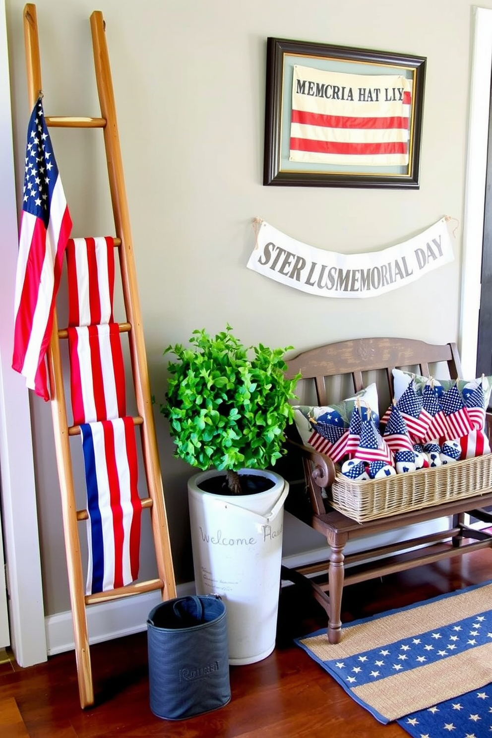 A cozy entryway decorated for Memorial Day. A wooden decorative ladder stands against the wall, adorned with red, white, and blue flag hangings draped across its rungs. Next to the ladder, a small rustic bench features patriotic-themed cushions and a woven basket filled with miniature American flags. Above the bench, a framed star-spangled banner hangs, while a welcome mat with a stars and stripes pattern completes the festive look.