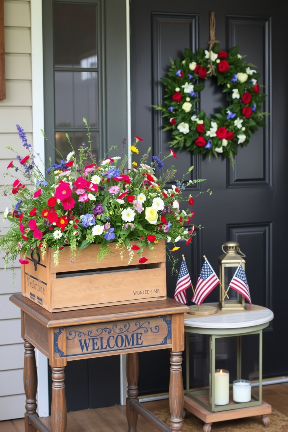 A rustic wooden crate, filled to the brim with a vibrant assortment of wildflowers, sits atop a vintage wooden table. The flowers cascade over the edges of the crate, creating a lush and inviting display that brings a touch of the countryside indoors. For Memorial Day, an entryway is adorned with patriotic decor, featuring a wreath made of red, white, and blue flowers hanging on the door. A small table by the entrance holds a wooden sign that reads 