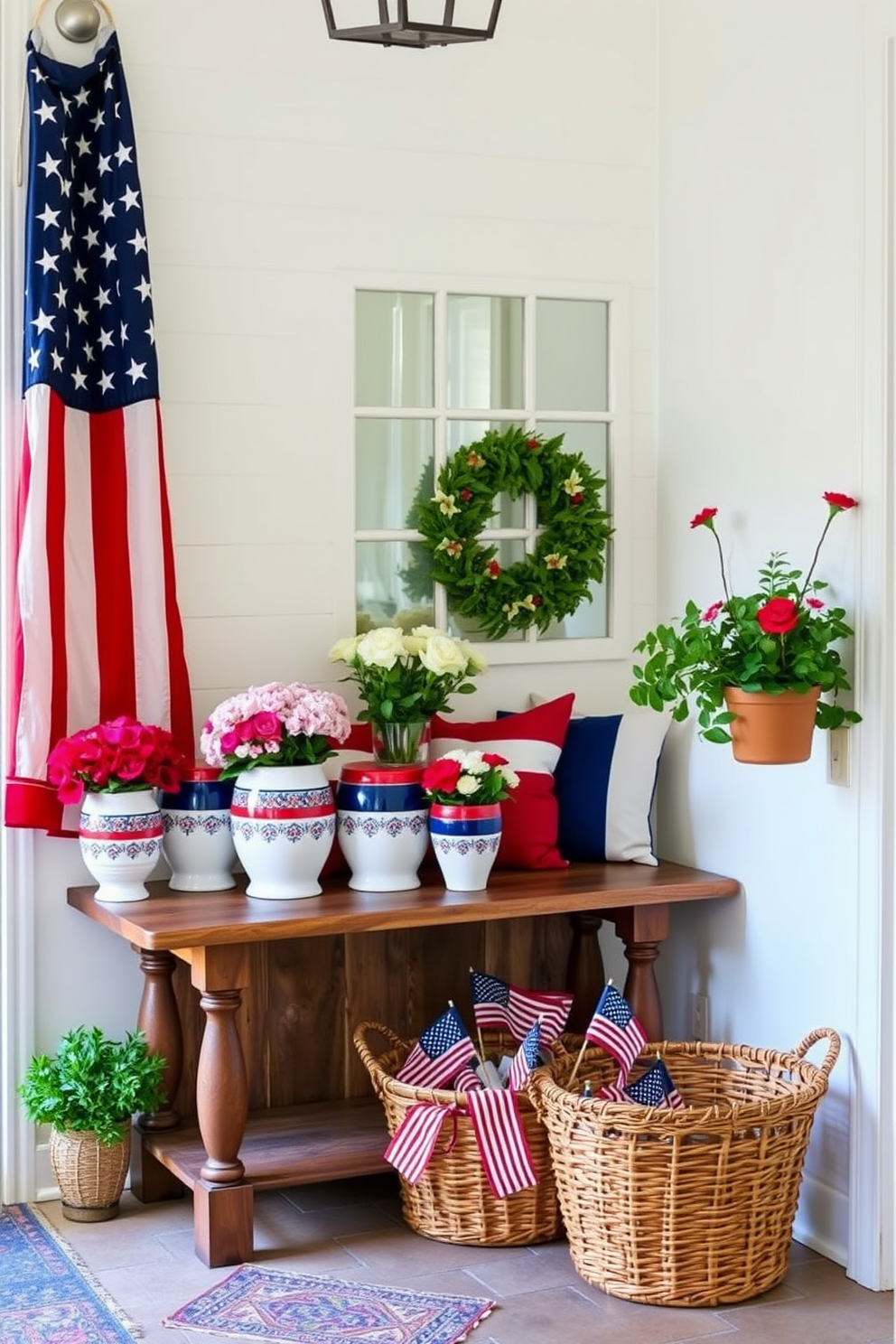 A cozy entryway adorned with ceramic pots painted in patriotic colors. The pots are arranged on a wooden console table, each featuring intricate designs in red, white, and blue, and filled with vibrant seasonal flowers. Memorial Day entryway decorated with a large American flag hanging above a rustic bench. The bench is complemented with red, white, and blue cushions, while a woven basket below holds small American flags and sparklers.