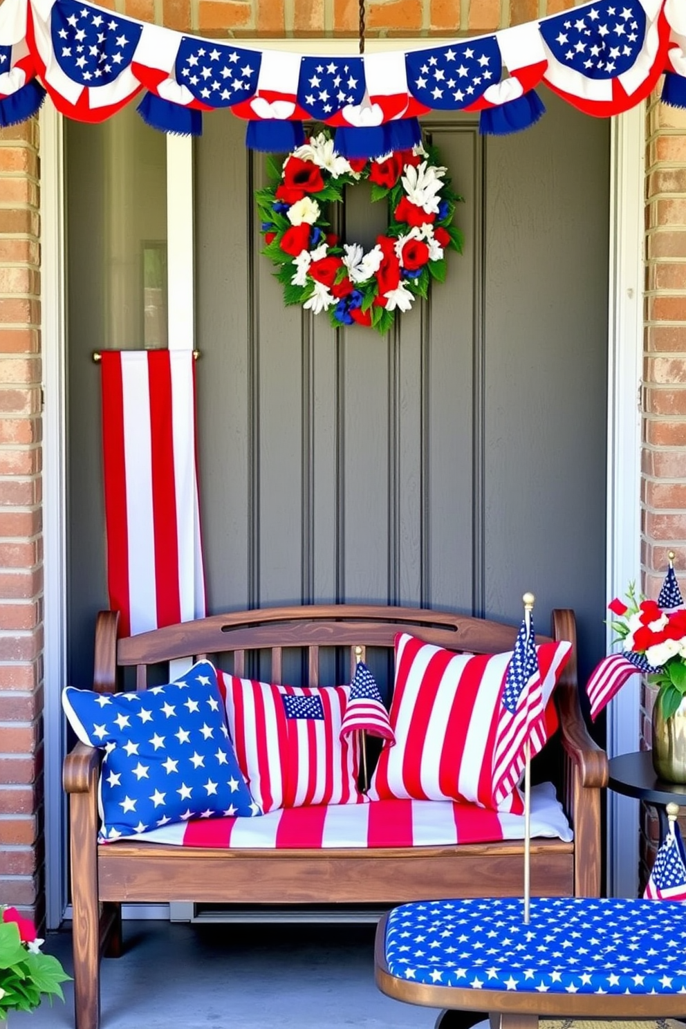 A welcoming entryway adorned for Memorial Day. Patriotic bunting hangs along the doorway, featuring alternating red, white, and blue flags that drape gracefully. A rustic wooden bench sits beside the entrance, topped with plush, star-spangled cushions. Above the bench, a wreath made of red, white, and blue flowers adds a festive touch, while small American flags are placed in a vase on a nearby table.