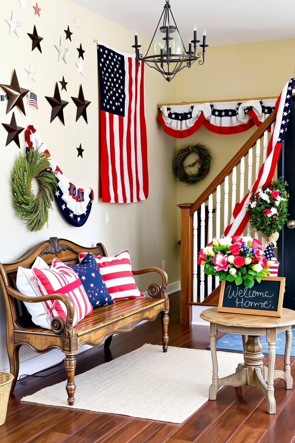 A welcoming entryway adorned for Memorial Day. Hanging stars and stripes decorates the space, with a large American flag draped on one wall. Red, white, and blue bunting is elegantly displayed along the staircase railing, and a vintage wooden bench with patriotic-themed cushions sits by the door. A rustic table holds a vase filled with fresh flowers in the national colors, and a small chalkboard sign reads 