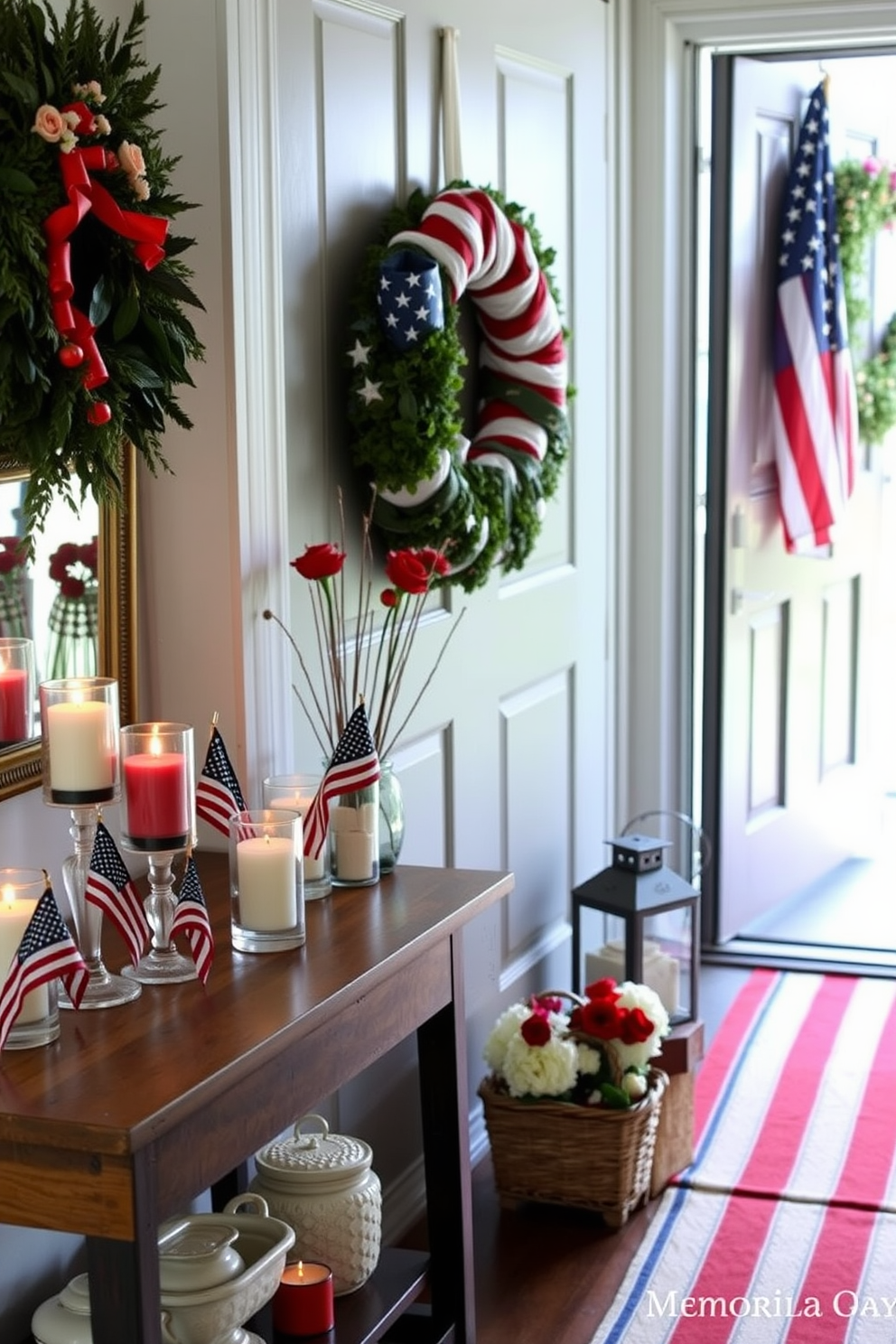 A cozy entryway adorned with patriotic candles in glass holders. The candles are placed on a rustic wooden console table, surrounded by small decorative American flags and red, white, and blue floral arrangements. A welcoming Memorial Day entryway featuring a large wreath with stars and stripes on the front door. The entryway floor is lined with a red, white, and blue striped runner, while a vintage lantern and a basket of fresh flowers sit beside the door.