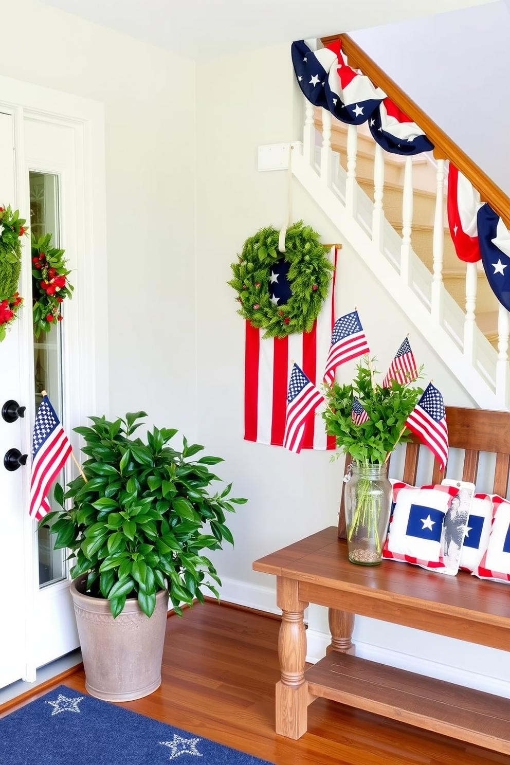 A welcoming entryway adorned with fresh greenery and vibrant flag accents. A large potted plant sits beside the door, while small flags are tastefully arranged in a vase on a wooden console table, creating a festive yet elegant atmosphere. Celebrate Memorial Day with a beautifully decorated entryway. An American flag wreath hangs on the door, complemented by red, white, and blue bunting draped along the staircase railing, and a rustic bench with patriotic throw pillows invites guests inside.