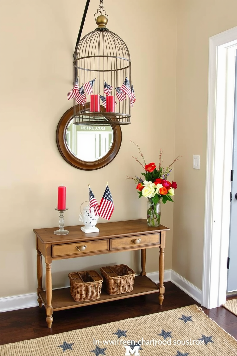 A stylish entryway designed for Memorial Day celebrations. The space features a large decorative birdcage adorned with small American flags, hanging from a rustic wooden stand. Below the birdcage, a vintage console table is decorated with red, white, and blue candles, alongside a bouquet of fresh flowers in a patriotic-themed vase. The walls are painted in a soft beige, and a woven rug with star patterns lies on the floor, creating a warm and inviting atmosphere.