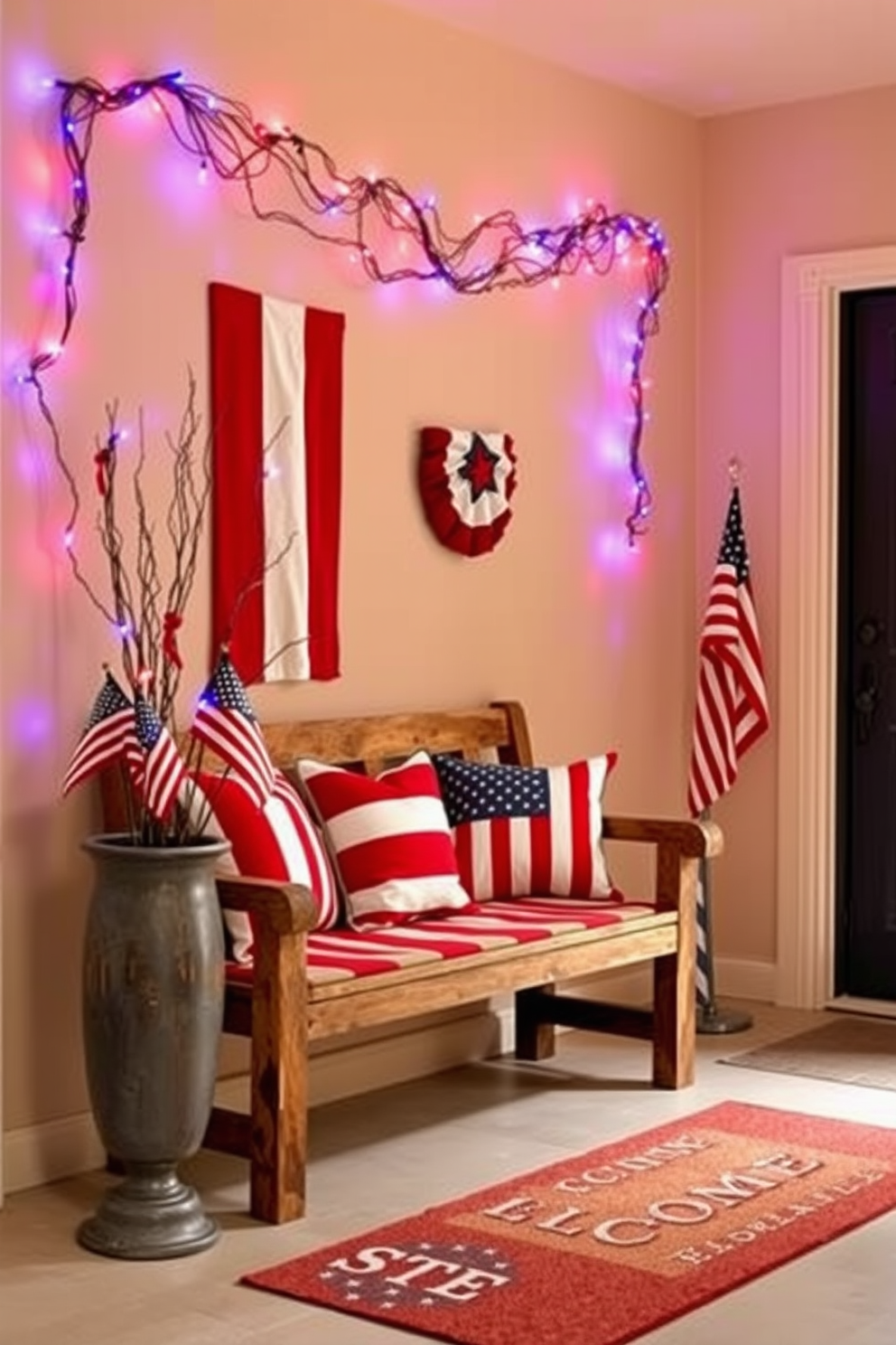 An inviting entryway decorated for Memorial Day with twinkling fairy lights in red, white, and blue. A rustic wooden bench sits against the wall, adorned with patriotic-themed cushions, while a tall vase filled with American flags stands beside it. The walls are painted a soft beige, creating a warm backdrop for the vibrant colors. Above the bench, a garland of fairy lights in patriotic hues is draped, casting a festive glow, and a welcome mat with stars and stripes completes the look.