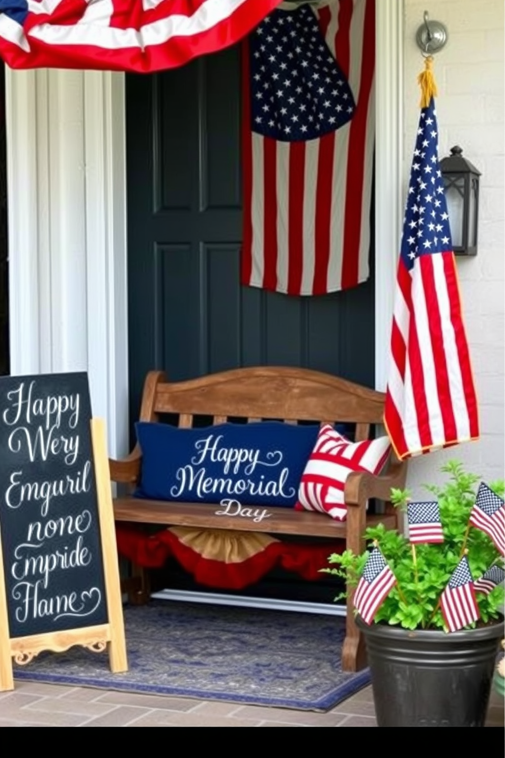 An inviting entryway decorated for Memorial Day. A chalkboard sign with 