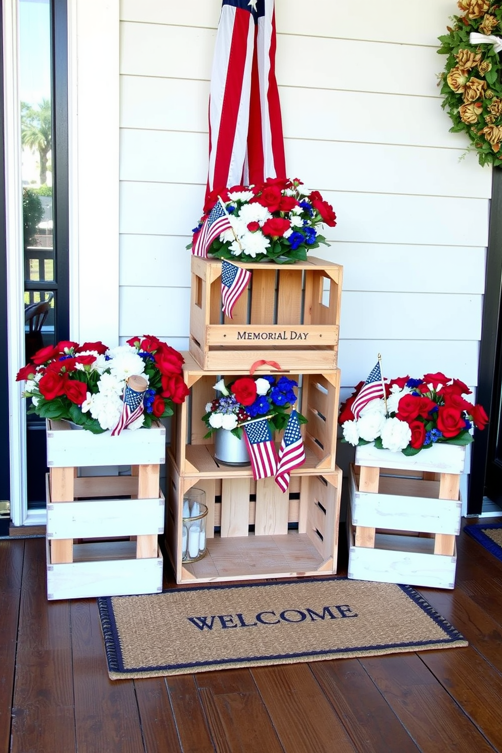 A charming entryway decorated for Memorial Day. Vintage wooden crates are stacked asymmetrically, filled with vibrant red, white, and blue flowers, creating a patriotic display. Small American flags are nestled among the blooms, adding a festive touch. The crates rest on a rustic wooden floor, and a woven welcome mat sits at the base, inviting guests into the home.