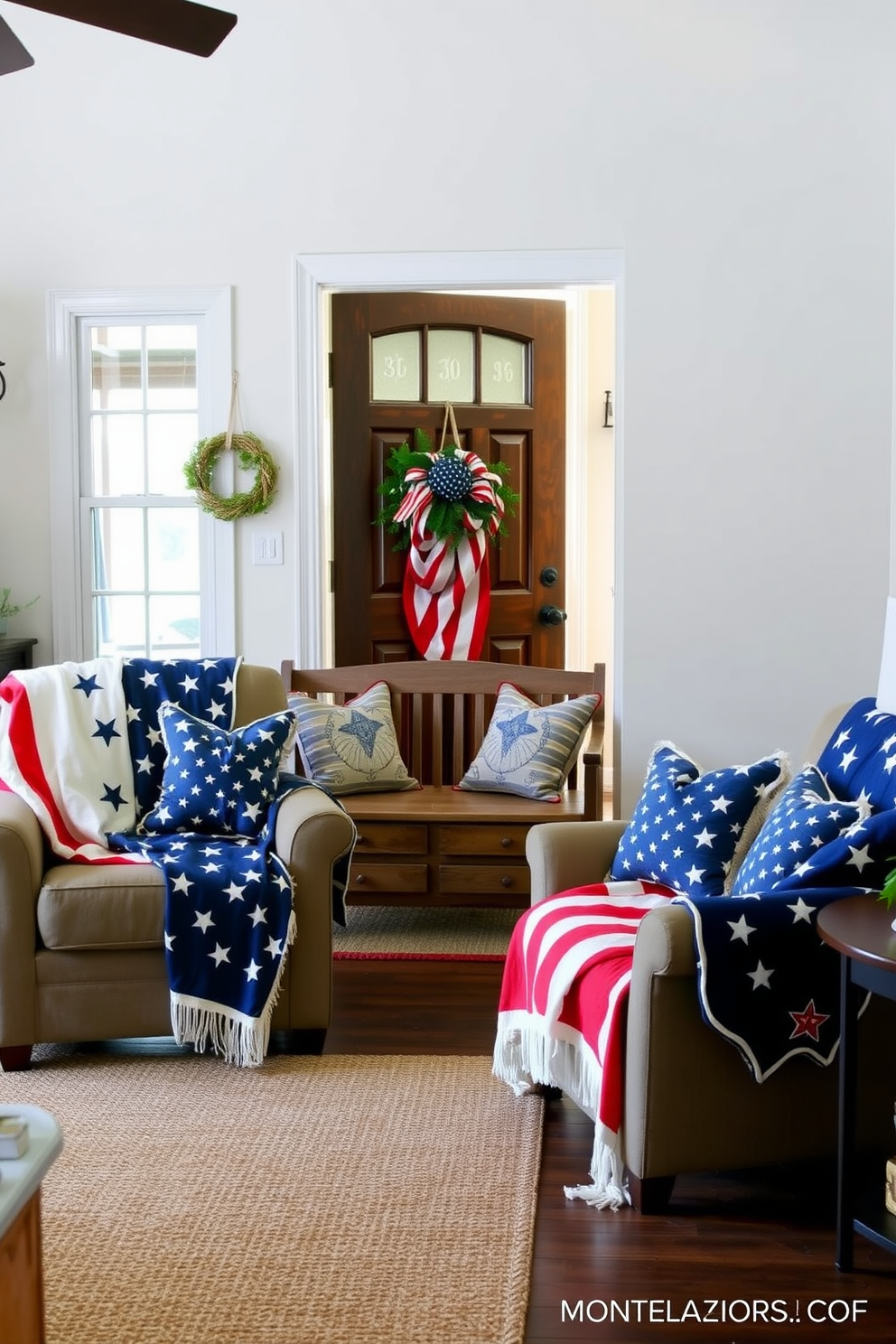 A cozy living room with patriotic-themed throw blankets draped over two armchairs. The blankets feature stars and stripes in red, white, and blue, adding a touch of national pride to the space. An inviting entryway decorated for Memorial Day. A rustic wooden bench is adorned with red, white, and blue pillows, and a wreath made of small American flags hangs on the front door.