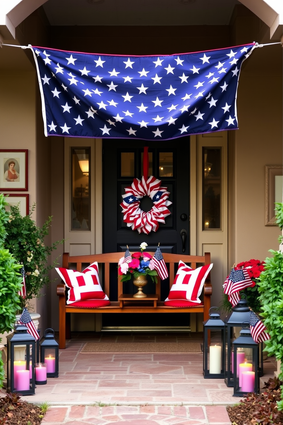 A patriotic entryway adorned for Memorial Day. The star-spangled banner is gracefully draped over the entrance, creating a welcoming and festive atmosphere. Below the banner, a wooden bench is placed with red, white, and blue cushions. A small table beside the bench holds a vase filled with fresh flowers in coordinating colors. The walls are decorated with vintage Americana prints, and a wreath made of miniature flags hangs on the door. Lanterns with candles in patriotic hues line the walkway, casting a warm glow as evening approaches.