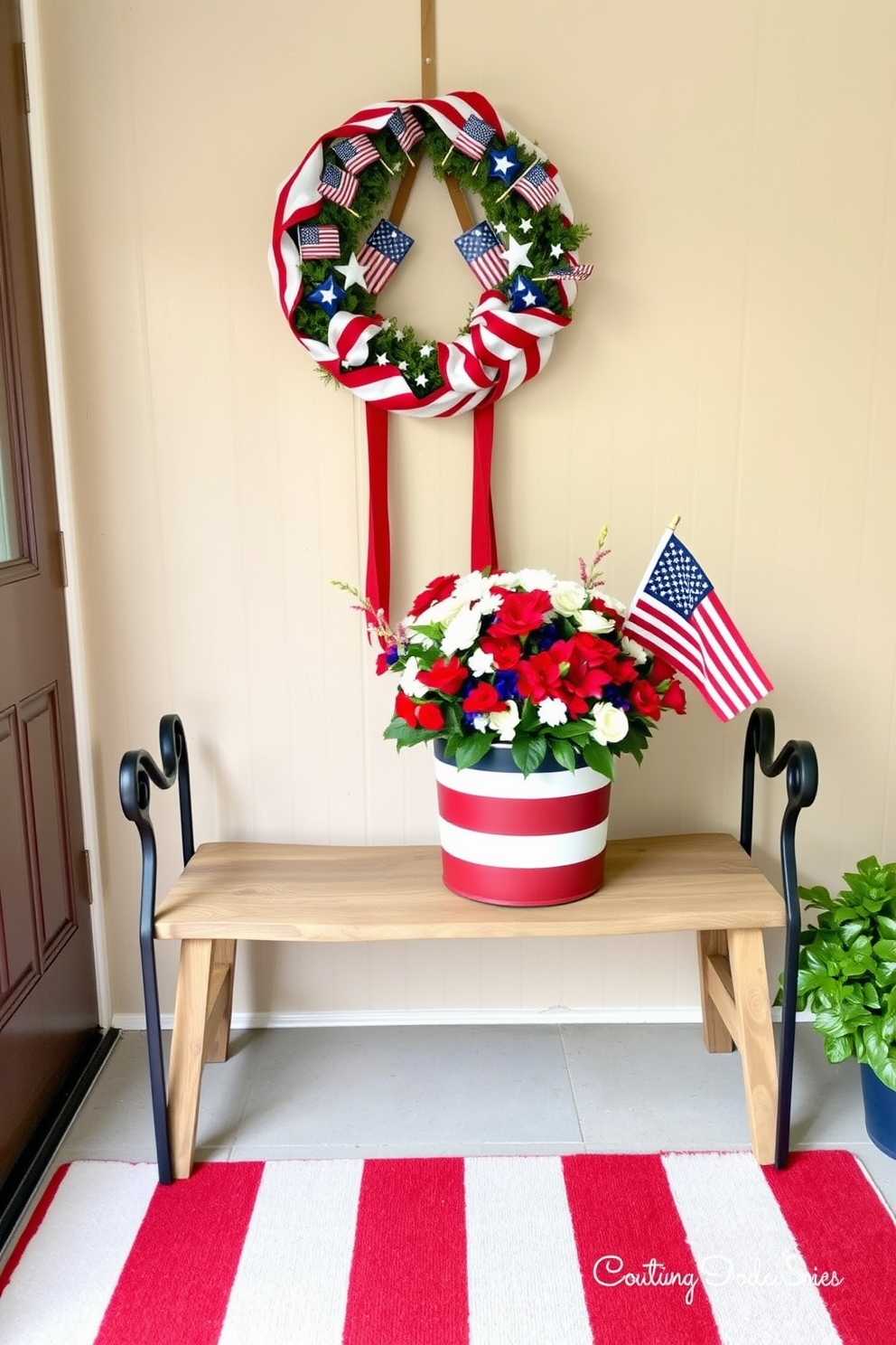 A welcoming entryway decorated for Memorial Day. A flag-themed container sits on a rustic wooden bench, holding a vibrant floral arrangement with red, white, and blue flowers. Above the bench, a patriotic wreath adorned with small American flags and white stars hangs on the door. The walls are painted in a soft beige, and a red, white, and blue striped rug lies on the floor, adding a festive touch to the space.