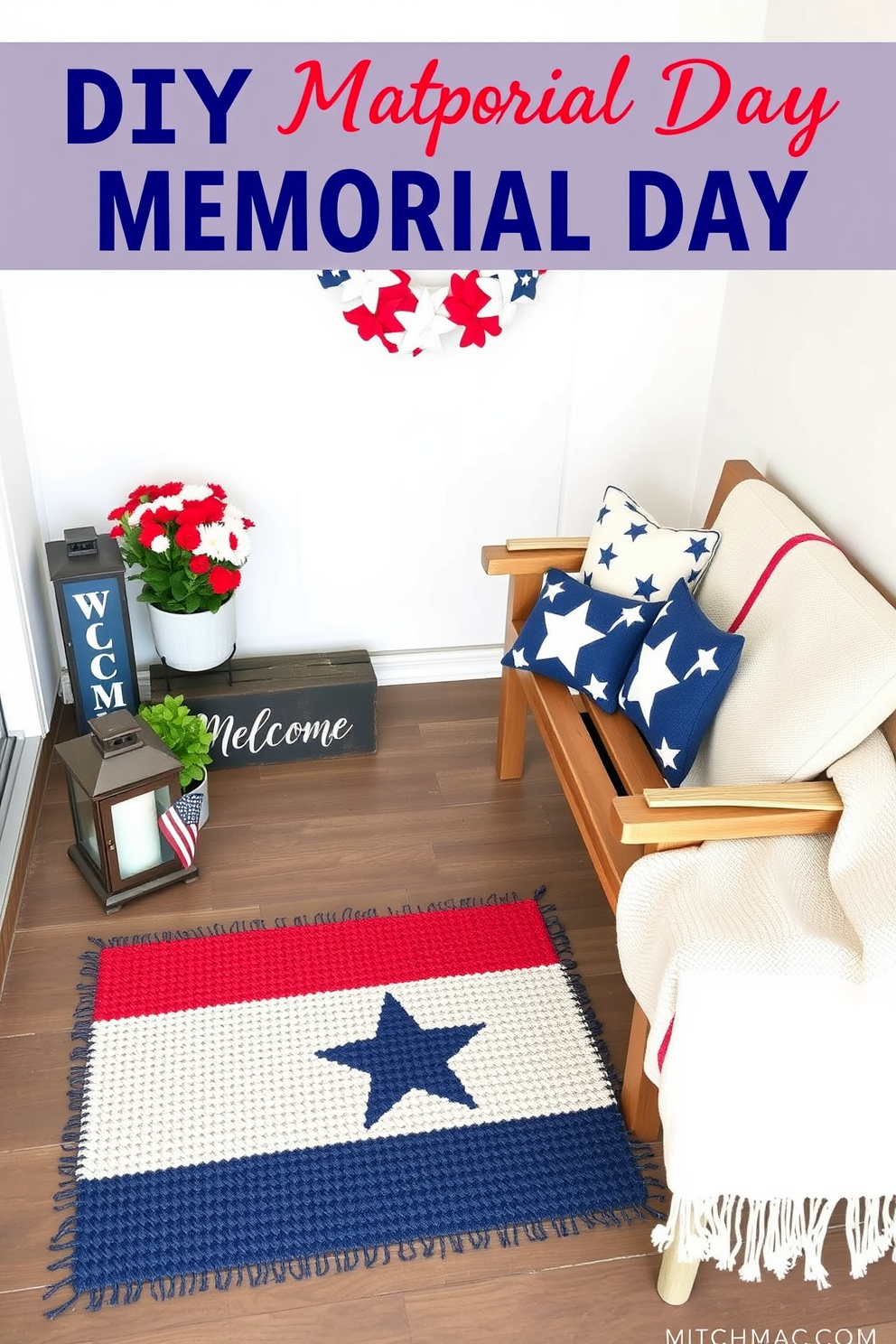 A charming DIY patriotic door mat design. The mat features a woven texture with alternating red, white, and blue stripes, and a central star pattern. The edges of the mat are trimmed with a durable, weather-resistant material. It is placed on a wooden porch, accompanied by a small American flag plant pot and a pair of rustic lanterns. Memorial Day entryway decorating ideas. The entryway is adorned with a festive wreath made of red, white, and blue flowers, and a 