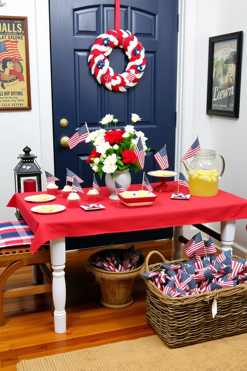 A festive table is adorned with Memorial Day treats. The table is covered with a red, white, and blue tablecloth, and features a variety of patriotic-themed snacks, including cupcakes with American flag toppers, a bowl of star-shaped cookies, and a large pitcher of lemonade with floating lemon slices. In the center of the table, a bouquet of red, white, and blue flowers adds a touch of elegance. Small American flags are placed in decorative holders around the table, and patriotic napkins are neatly folded next to each plate. For Memorial Day entryway decorating ideas, consider a welcoming space filled with patriotic charm. The entryway features a rustic wooden bench with a red, white, and blue plaid cushion. Above the bench, a wreath made of miniature American flags and white flowers hangs on the door. A small table beside the bench holds a lantern with a red candle inside, and a basket filled with rolled-up American flags for guests to take. The walls are adorned with framed vintage patriotic posters, and a woven rug with star patterns completes the look.