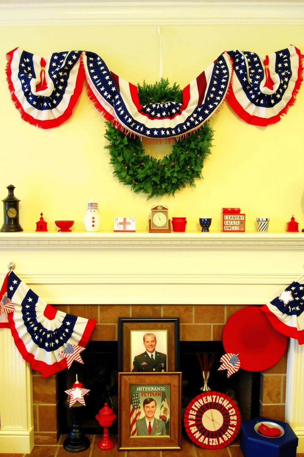 A festive fireplace adorned with patriotic bunting draped elegantly over the mantel. The mantel showcases a collection of red white and blue decorative items alongside a framed photo honoring veterans.