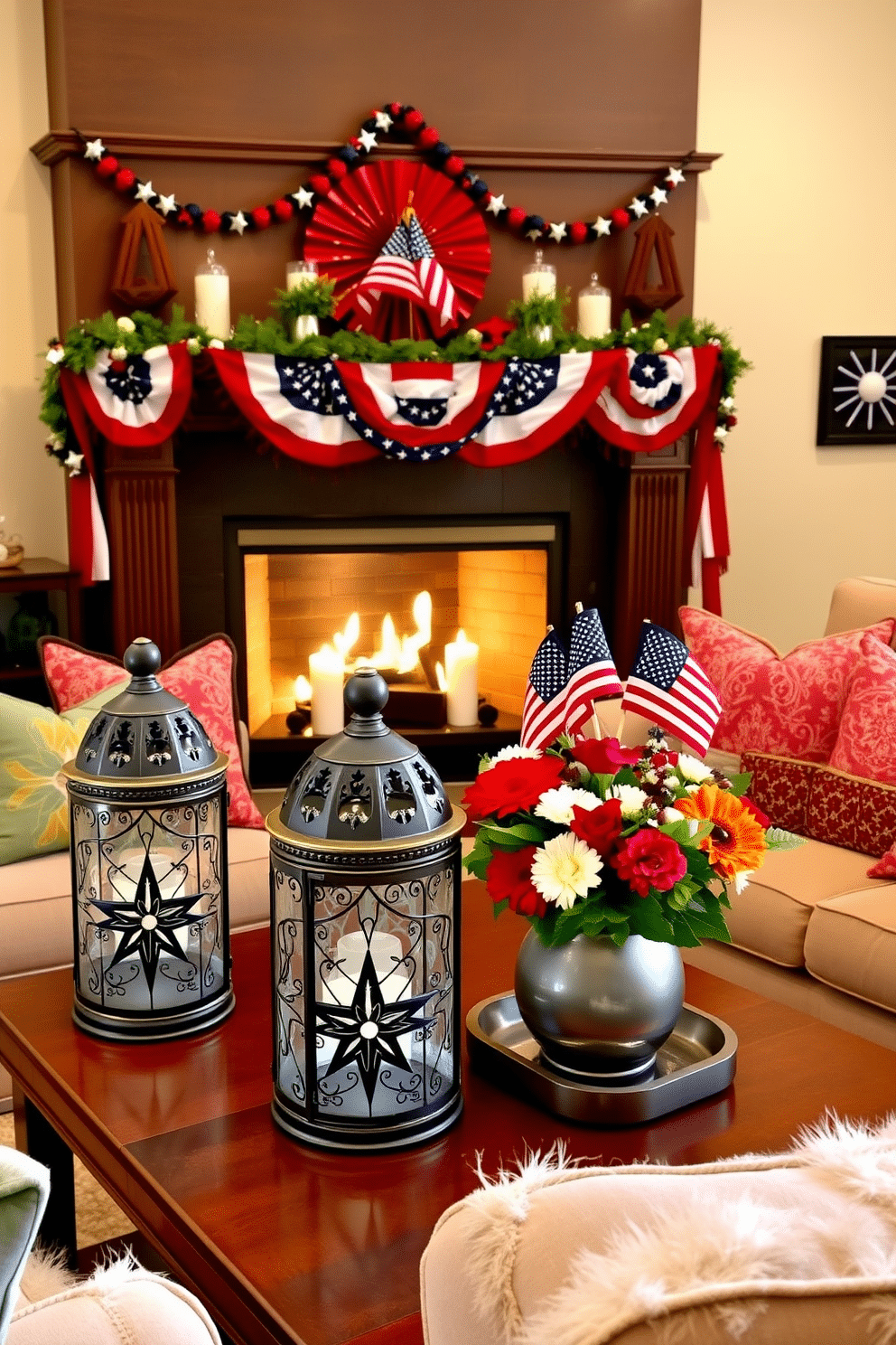 A cozy living room setting featuring decorative lanterns with intricate star designs. The lanterns are placed on a wooden coffee table surrounded by plush sofas adorned with colorful cushions. For Memorial Day, the fireplace is beautifully decorated with red, white, and blue accents. Patriotic garlands drape across the mantel, and small American flags are strategically placed among seasonal flowers in a vase.